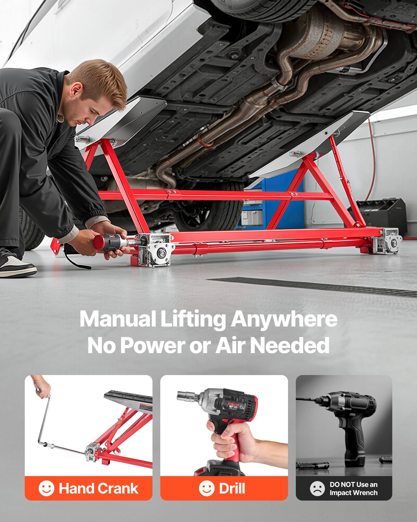 Manual Lifting Anywhere  
No Power or Air Needed  

- Hand Crank  
- Drill  

DO NOT Use an Impact Wrench