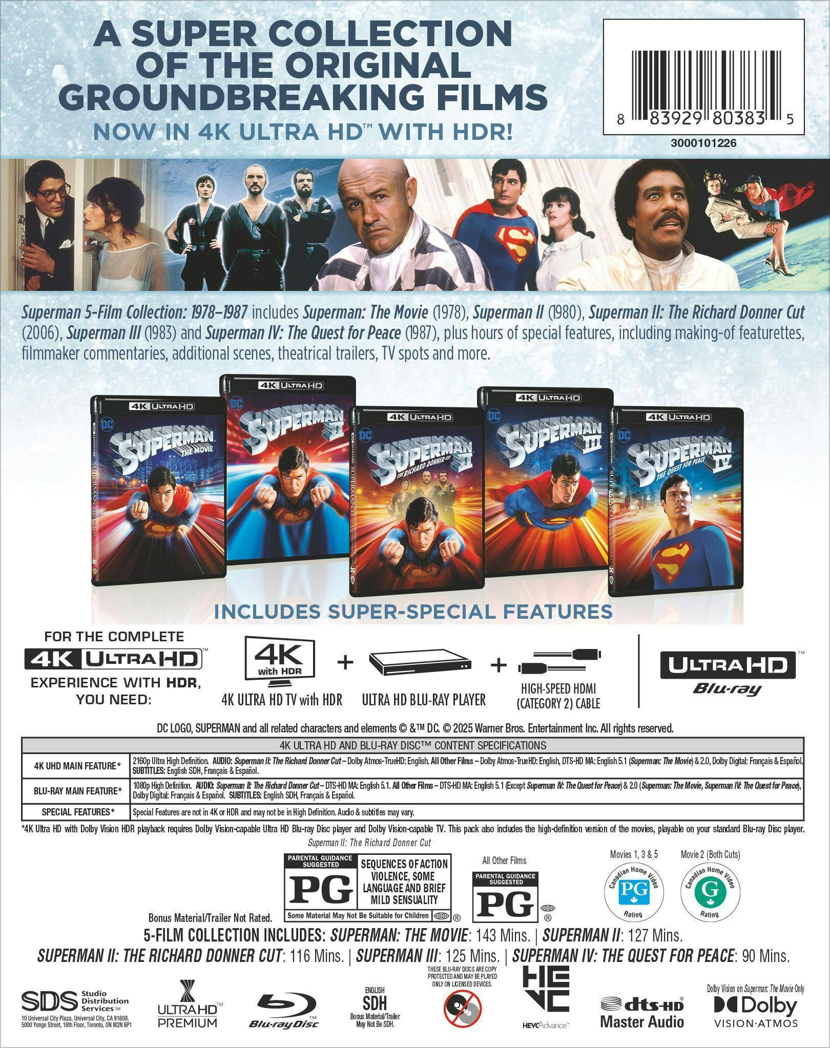 Back. Superman 5-Film Collection: I, II, II Donner Cut, III, IV   - 4K Blu-Ray.