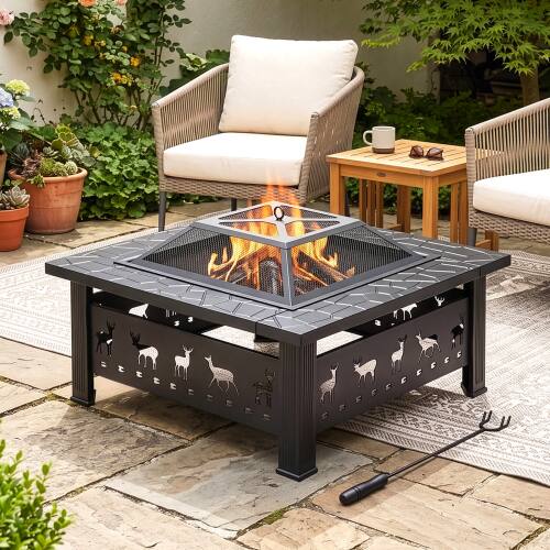 Alt View 9. Winado - 32in Metal Fire Pit Stove, 3-in-1 Square Wood Burning Firepit Table with Cover for Outdoor Camping Garden Party Picnic - Black-Elk Pattern.