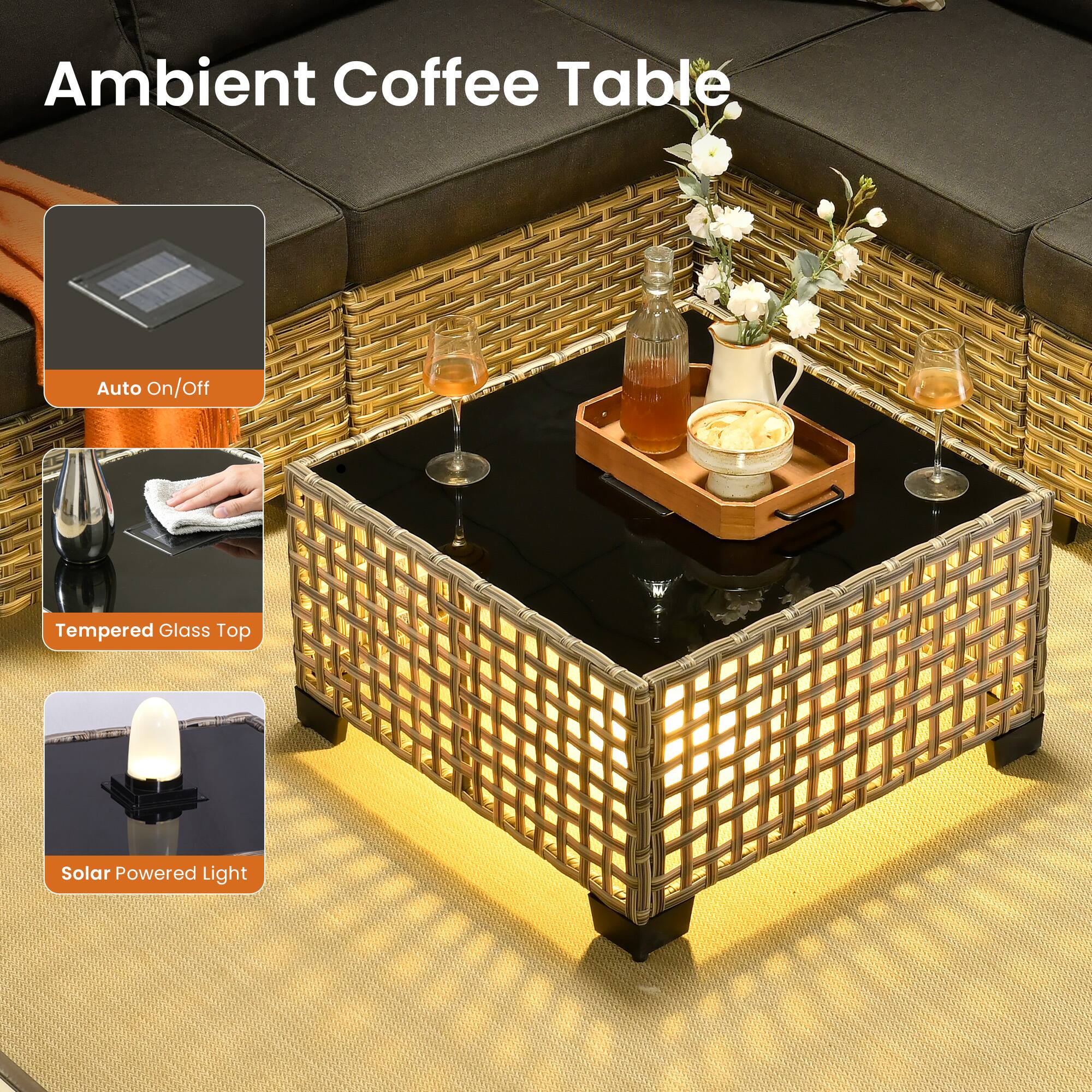 Ambient Coffee Table

- Auto On/Off
- Tempered Glass Top
- Solar Powered Light