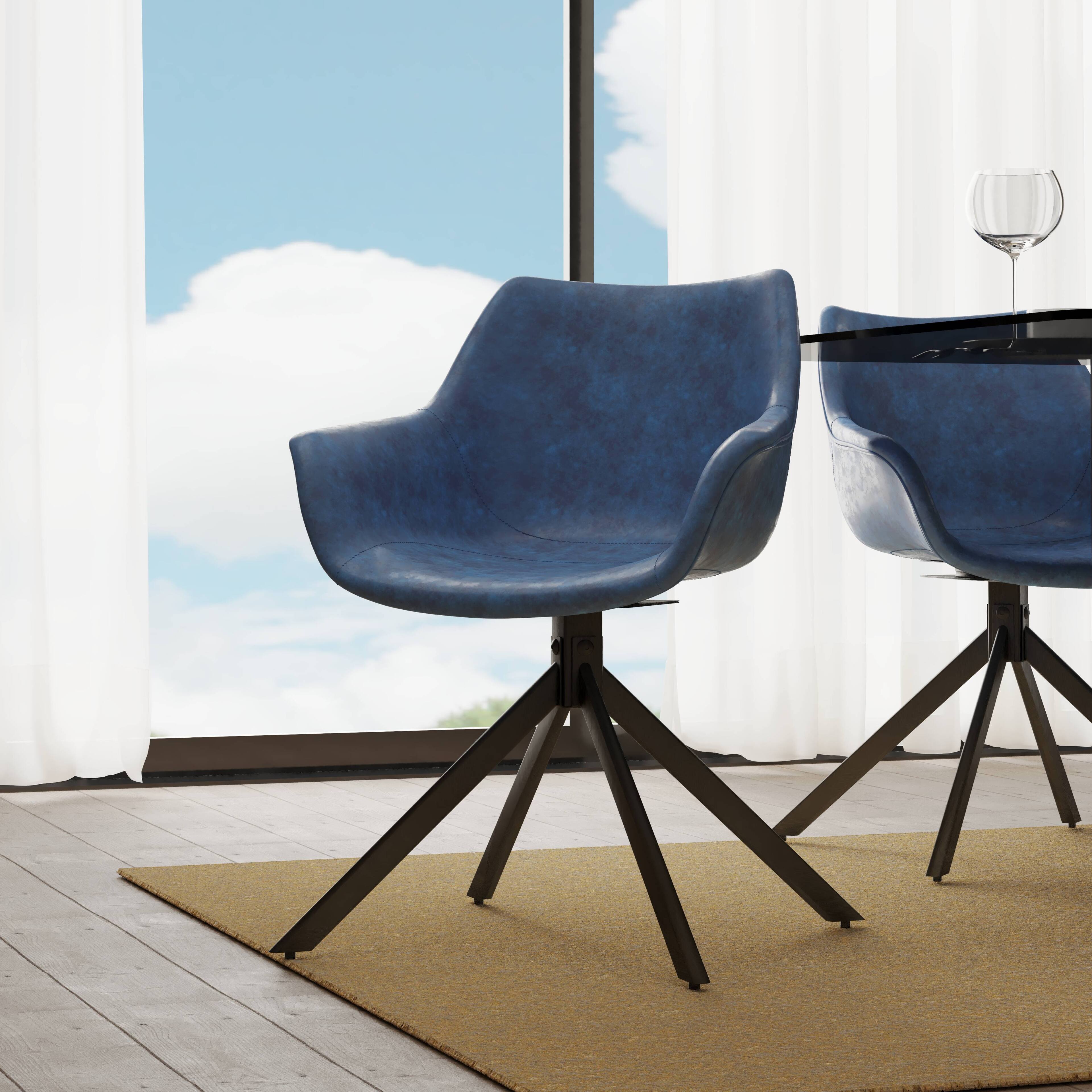 Angle. LeisureMod - Markley 4-PCS Modern 360 Swivel Faux Leather Dining Armchair with Iron Legs - Light Blue.