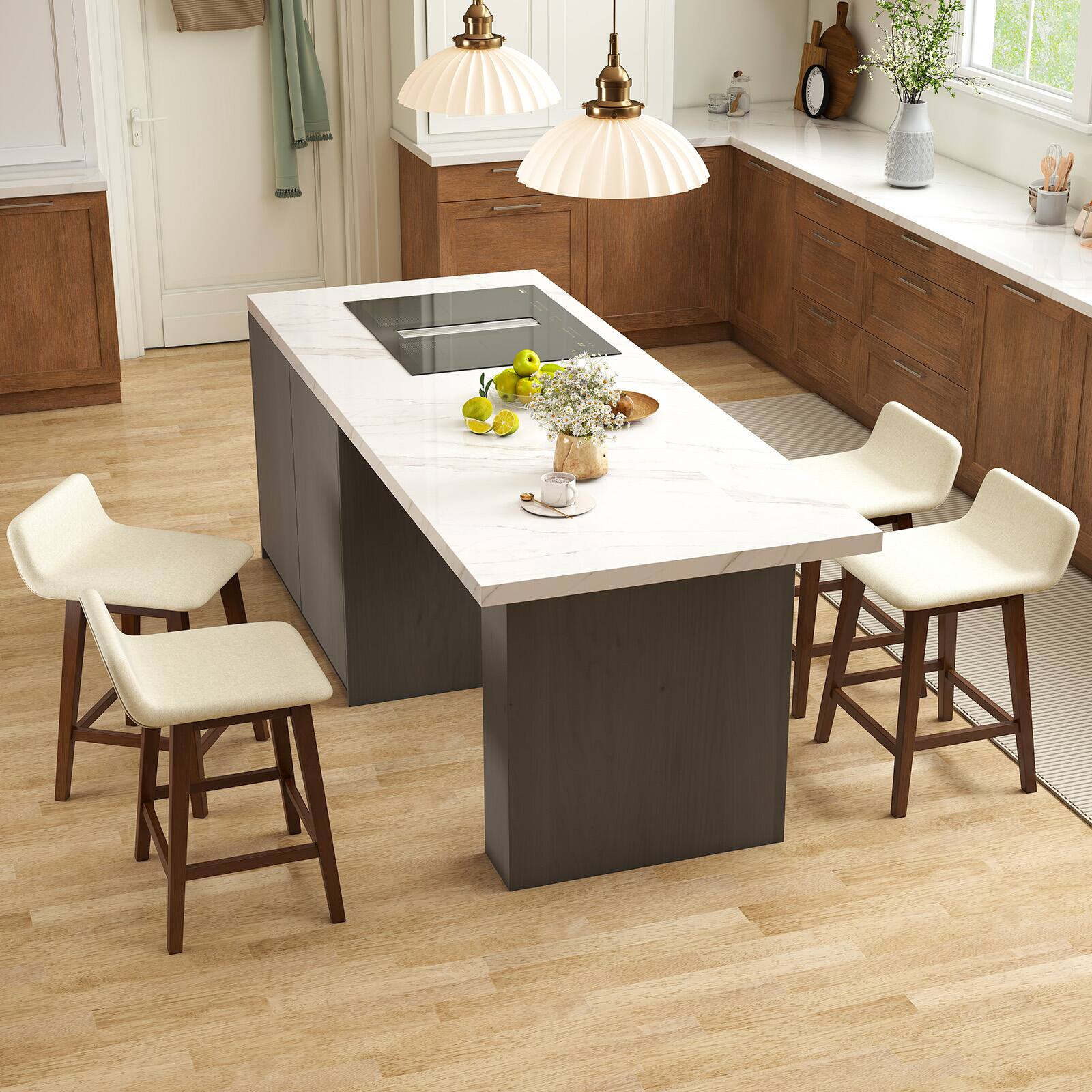 Alt View 8. Gymax - Gymax 24'' Upholstered Barstools w/ Low Back Footrest & Wood Legs for Kitchen Island - Brown, Beige.