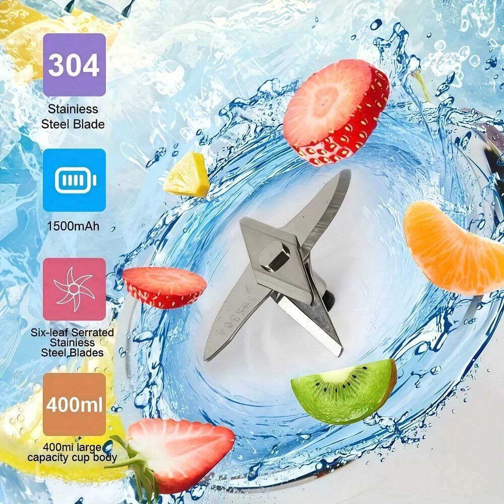 304 Stainless Steel Blade  
1500mAh  
Six-leaf Serrated Stainless Steel Blades  
400ml  
400ml large capacity cup body