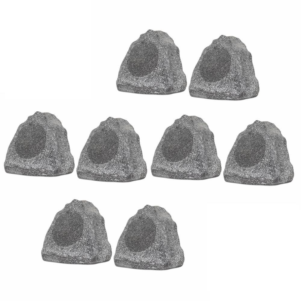 Front. Theater Solutions by Goldwood - 8R6G Outdoor 6.5" Rock 8 Piece Speaker Set for Deck Pool Spa Yard Garden - Granite Gray.