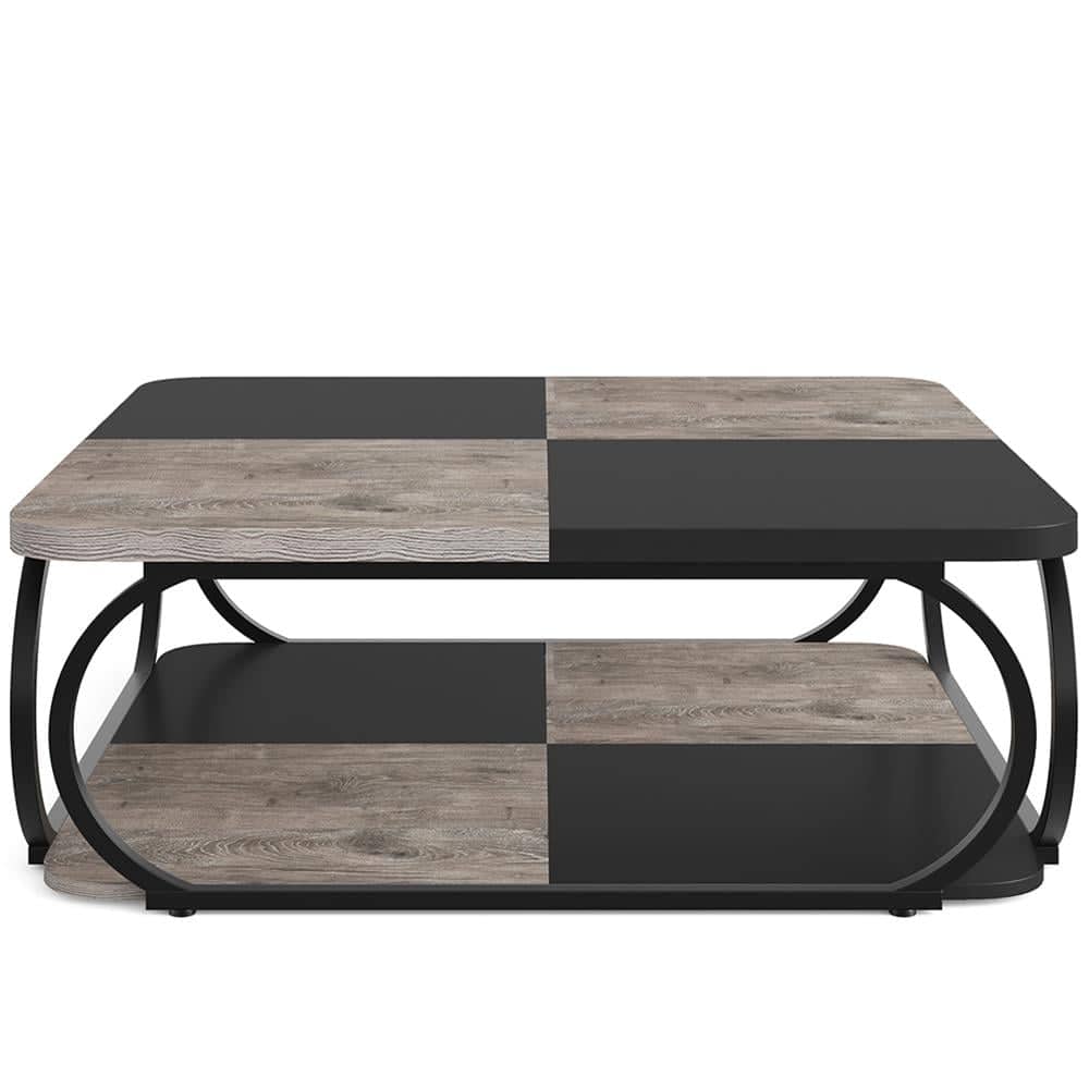 Resenkos - Kadyn Center Coffee Table, Square Living Room Table, 39" Central Cocktail Table with 2-Tier Shelves - Gray&Black