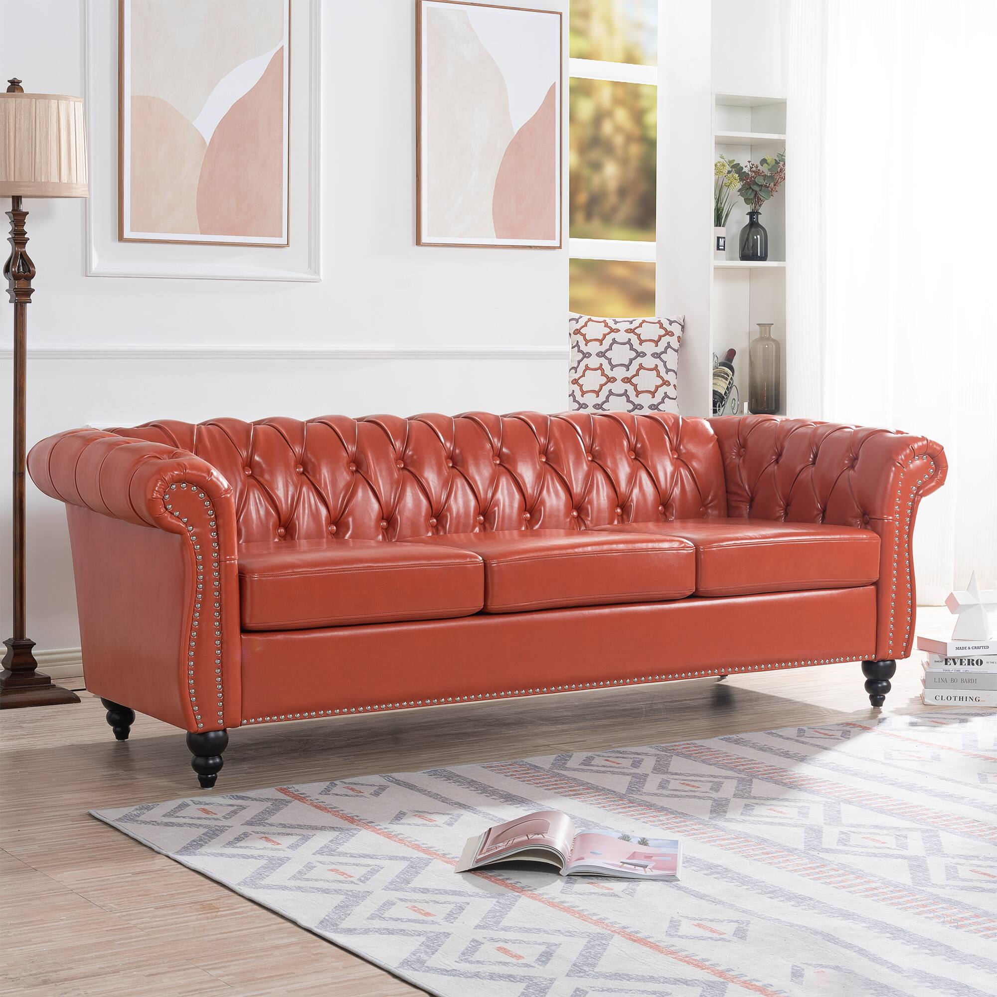 "Anysun - 84"" Faux Leather 3-Seat Chesterfield Sofa - Rolled Arm, Deep Seating, Button Tufted for Living Room & Office - Orange" price history on PriceWatchPro
