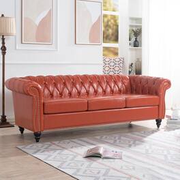 Anysun - 84" Faux Leather 3-Seat Chesterfield Sofa - Rolled Arm, Deep Seating, Button Tufted for Living Room & Office - Orange