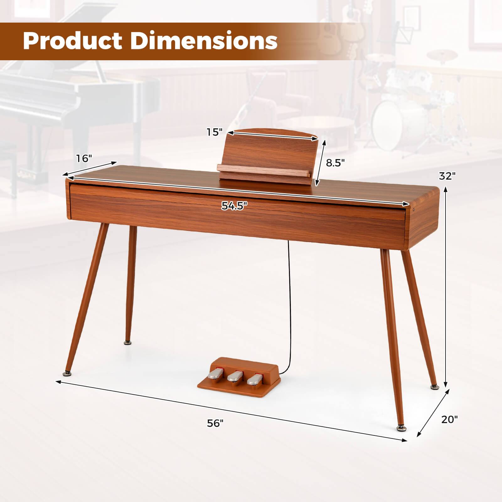 Product Dimensions

- Length: 56"
- Width: 32"
- Height: 20"
- Keyboard Surface Width: 54.5"
- Keyboard Surface Depth: 16"
- Keyboard Surface Height: 15"
- Music Stand Height: 8.5"