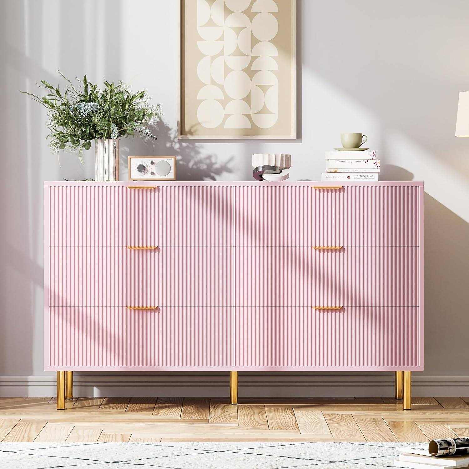 Alt View 2. Homhougo - Modern Pink 6 Drawer Dresser for Bedroom, Chest of Drawers with Gold Handles, Wood Storage Organizer Entryway - Pink.