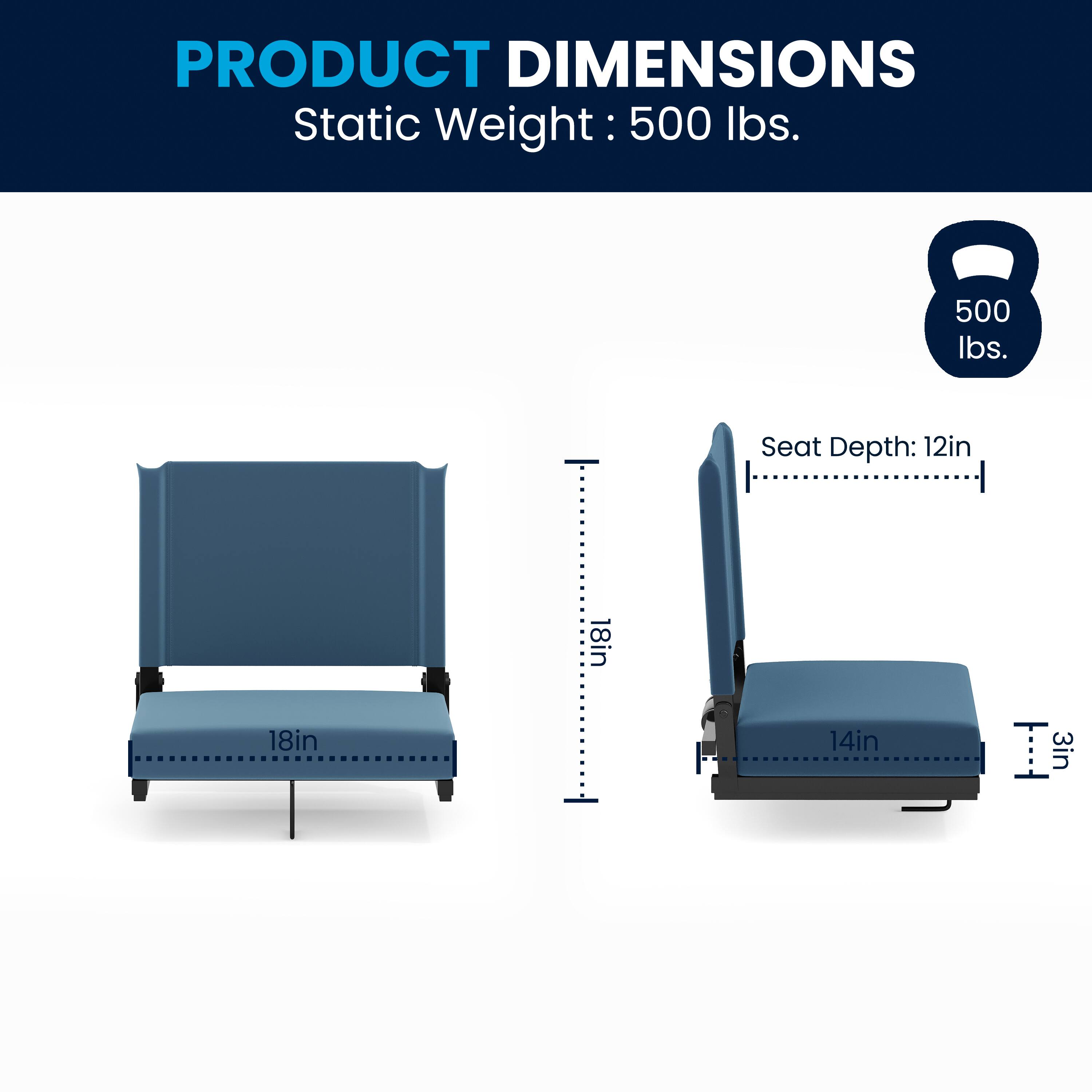 PRODUCT DIMENSIONS  
Static Weight: 500 lbs.  
Seat Depth: 12in  
Width: 18in  
Height: 18in  
Depth: 14in  
Seat Height: 3in