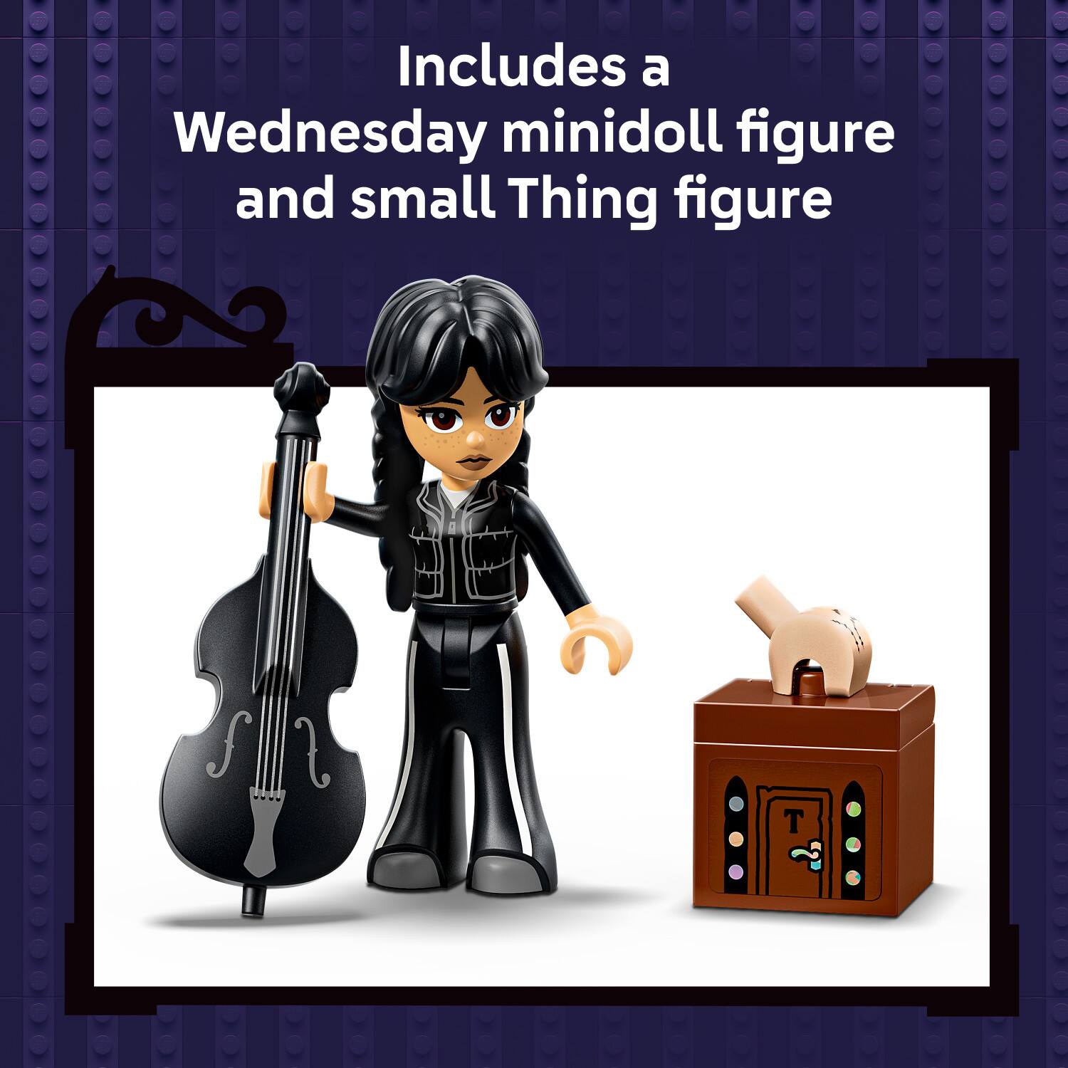 Includes a Wednesday minidoll figure and small Thing figure