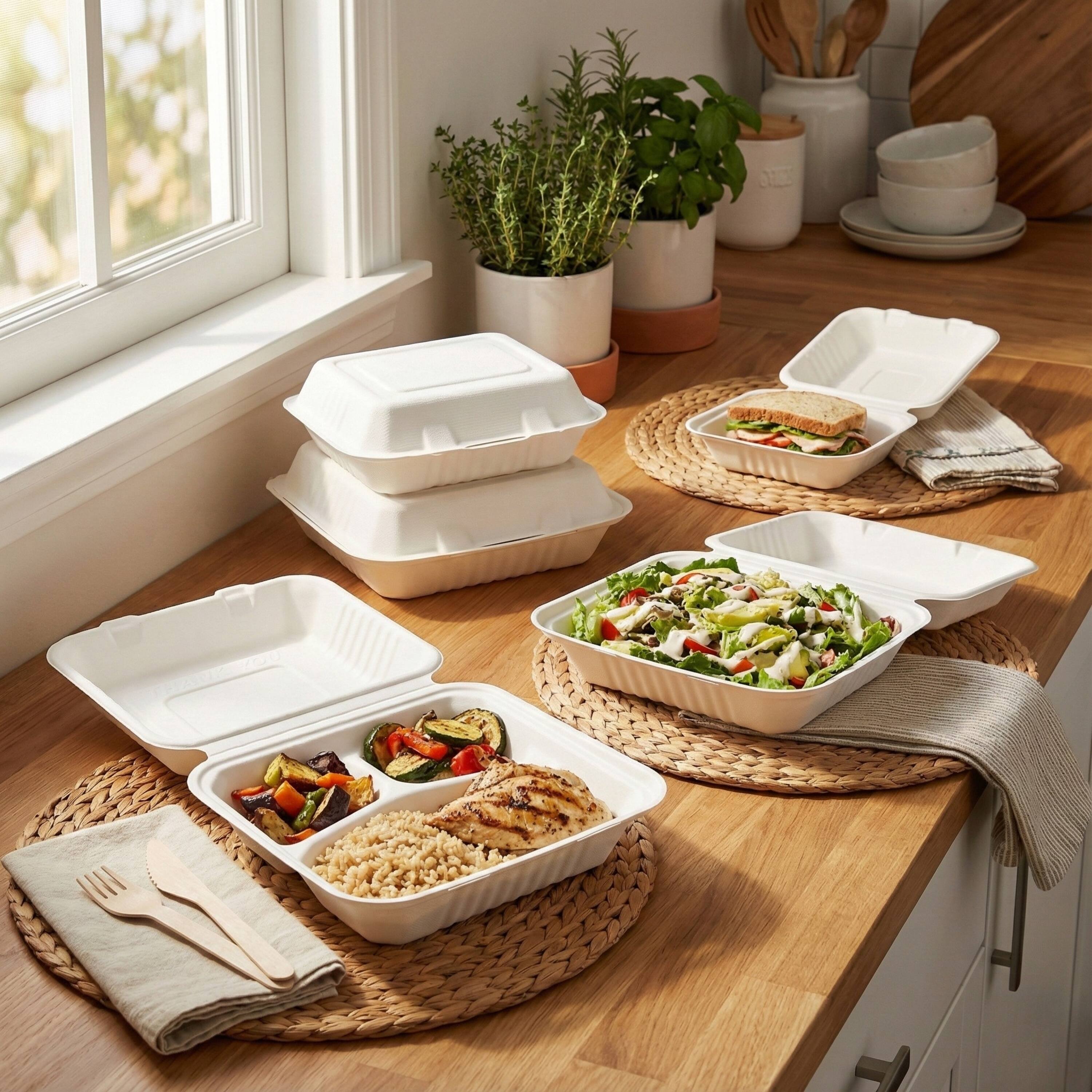Alt View 3. Eco Harmony Products - Bagasse Hinged Container (PFAS-Free), White, 6" x 6", 500-Pack - White.