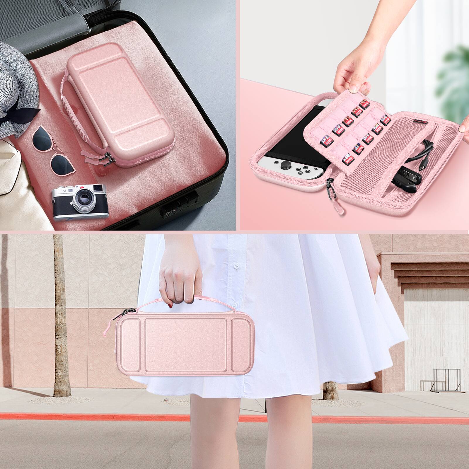 Alt View 4. Fintie - Carrying Case for Nintendo Switch (2017) / Nintendo Switch OLED Model (2021) Shockproof Portable Travel Storage Bag - Rose Gold.