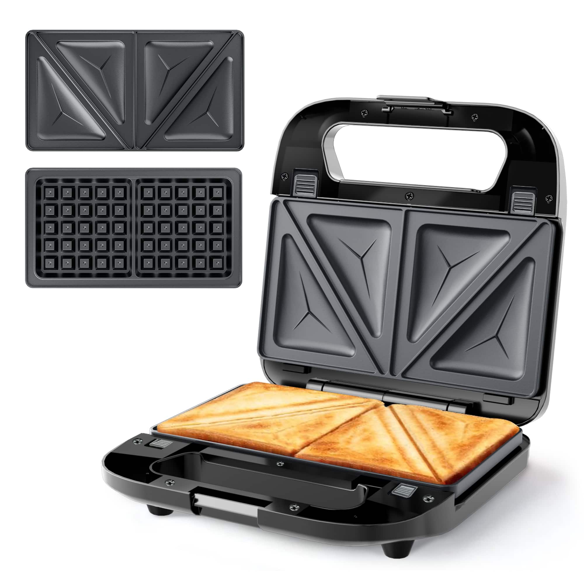 KEINVE - 2 in 1 Sandwich Maker & Waffle Maker - 750W Panini Press and Grilled Cheese Maker with Removable Non-Stick Plates - Black