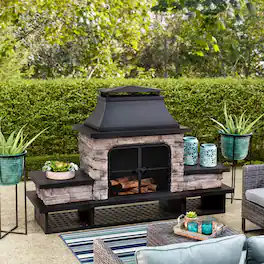 SUNJOY - Collection Outdoor Patio Wood‑Burning Fireplace with Steel Chimney, Mesh Doors, Fire Poker & Removable Grate, Black