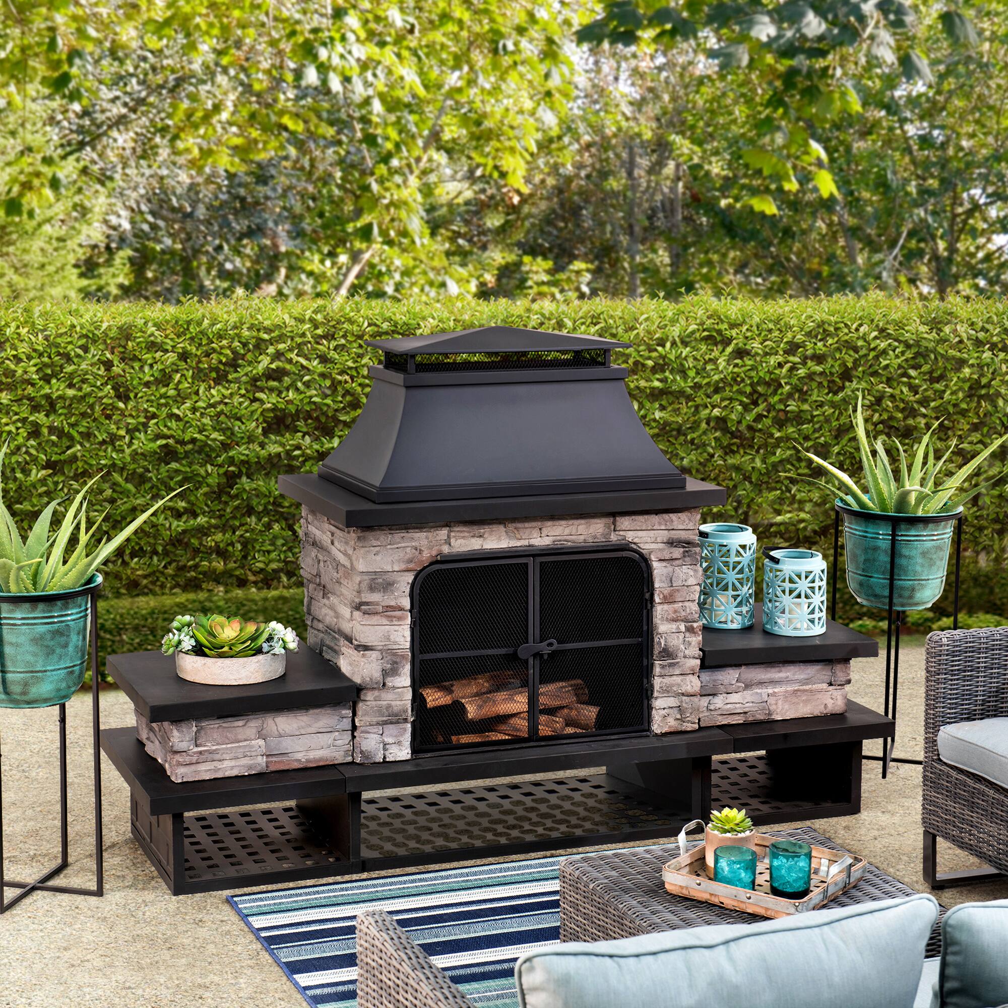 Front. SUNJOY - Collection Outdoor Patio Wood‑Burning Fireplace with Steel Chimney, Mesh Doors, Fire Poker & Removable Grate, Black.