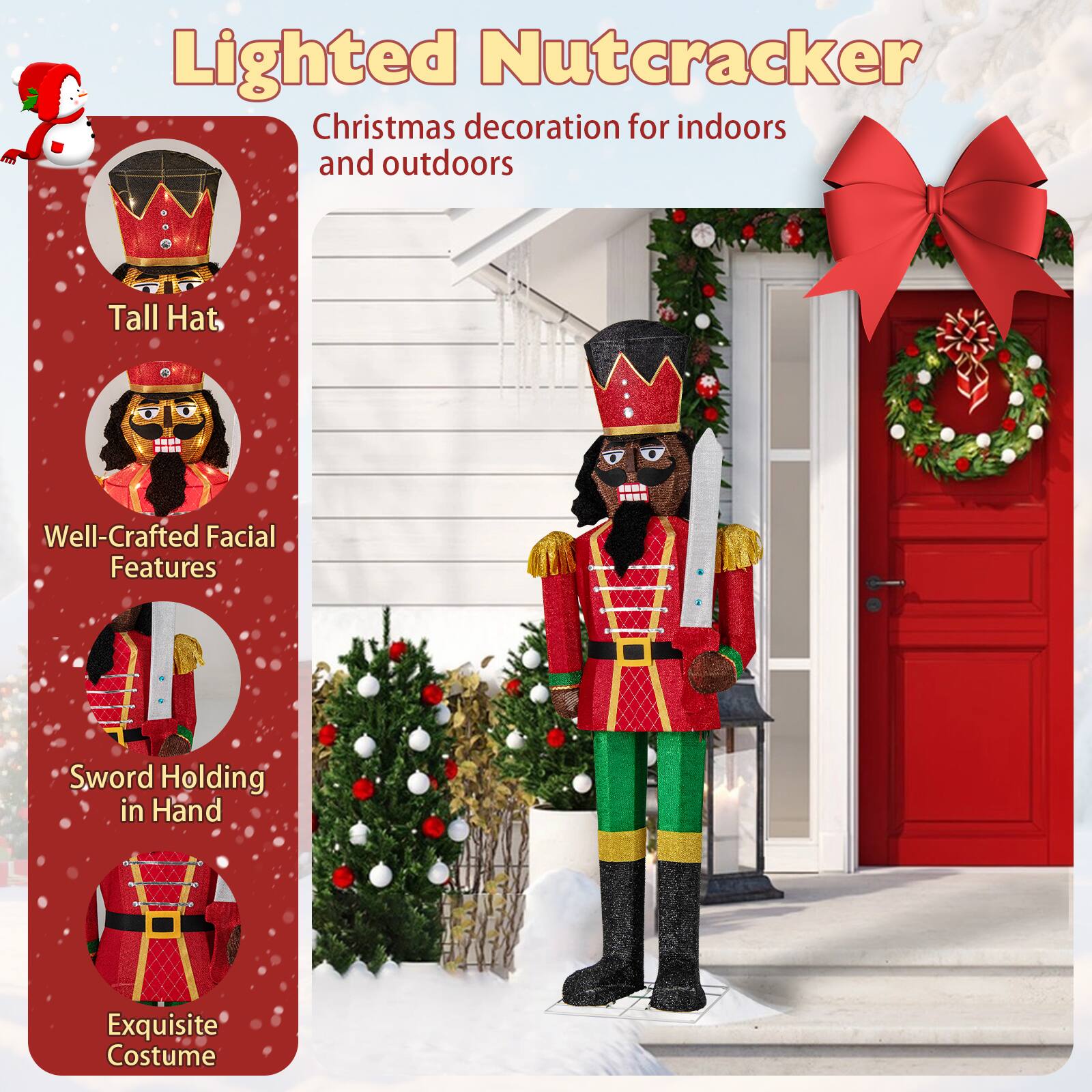 Lighted Nutcracker  
Christmas decoration for indoors and outdoors  

- Tall Hat  
- Well-Crafted Facial Features  
- Sword Holding in Hand  
- Exquisite Costume
