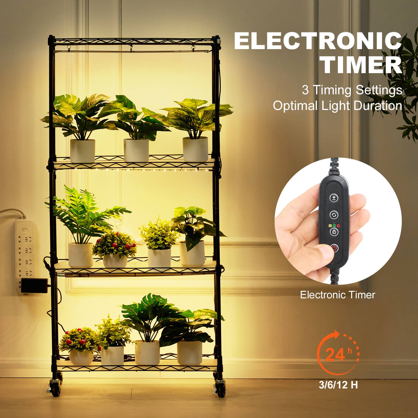 ELECTRONIC TIMER, 3 Timing Settings, Optimal Light Duration, Electronic Timer, 24 h, 3/6/12 H