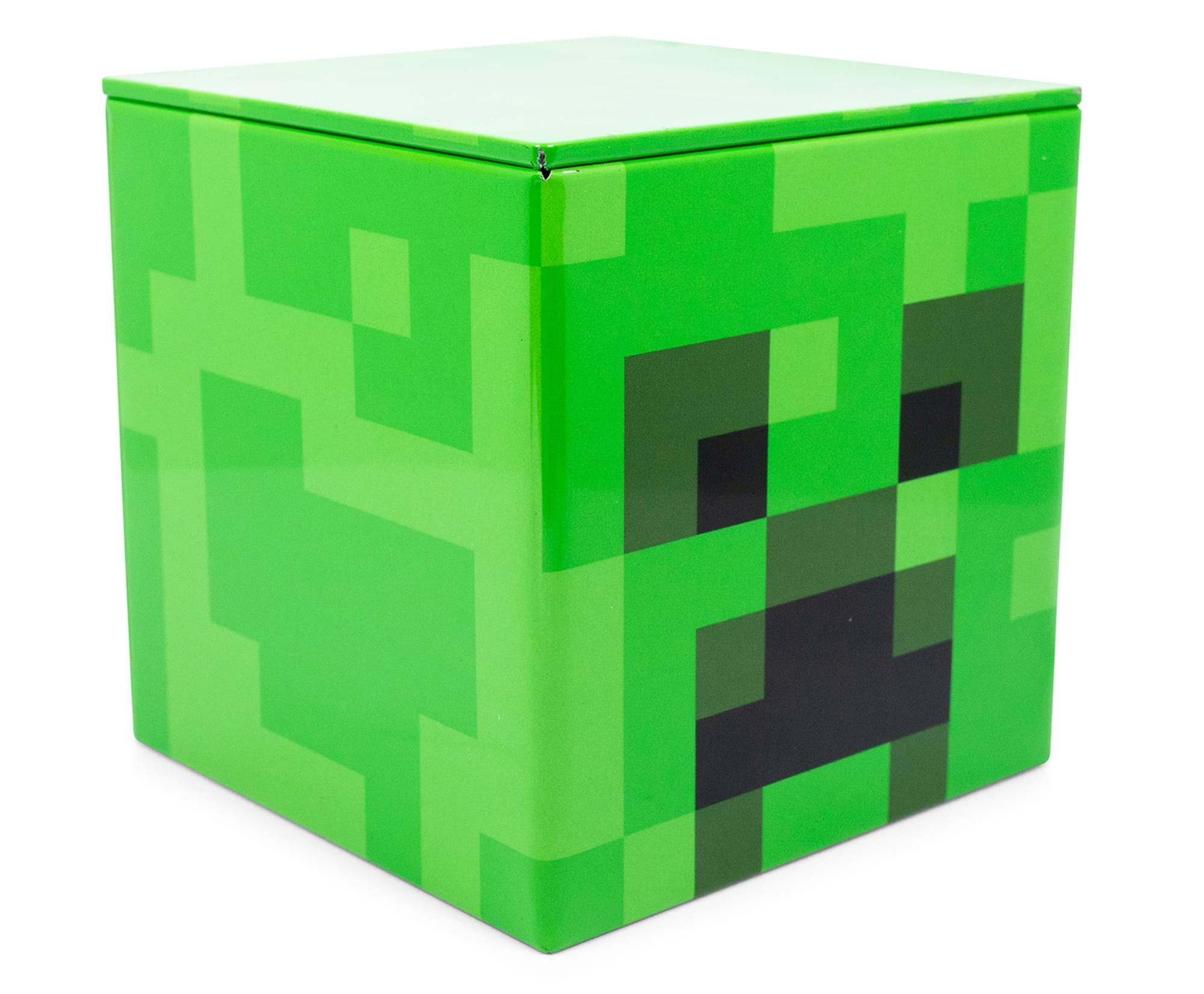 Front. Ukonic - Minecraft Creeper Tin Storage Box Cube Organizer with Lid | 4 Inches - Green.