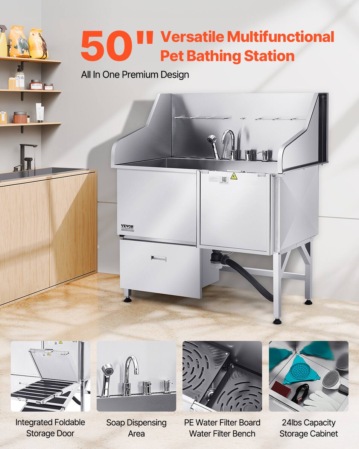 50" Versatile Multifunctional Pet Bathing Station  
All In One Premium Design  

- Integrated Foldable Storage Door  
- Soap Dispensing Area  
- PE Water Filter Board Water Filter Bench  
- 24lbs Capacity Storage Cabinet