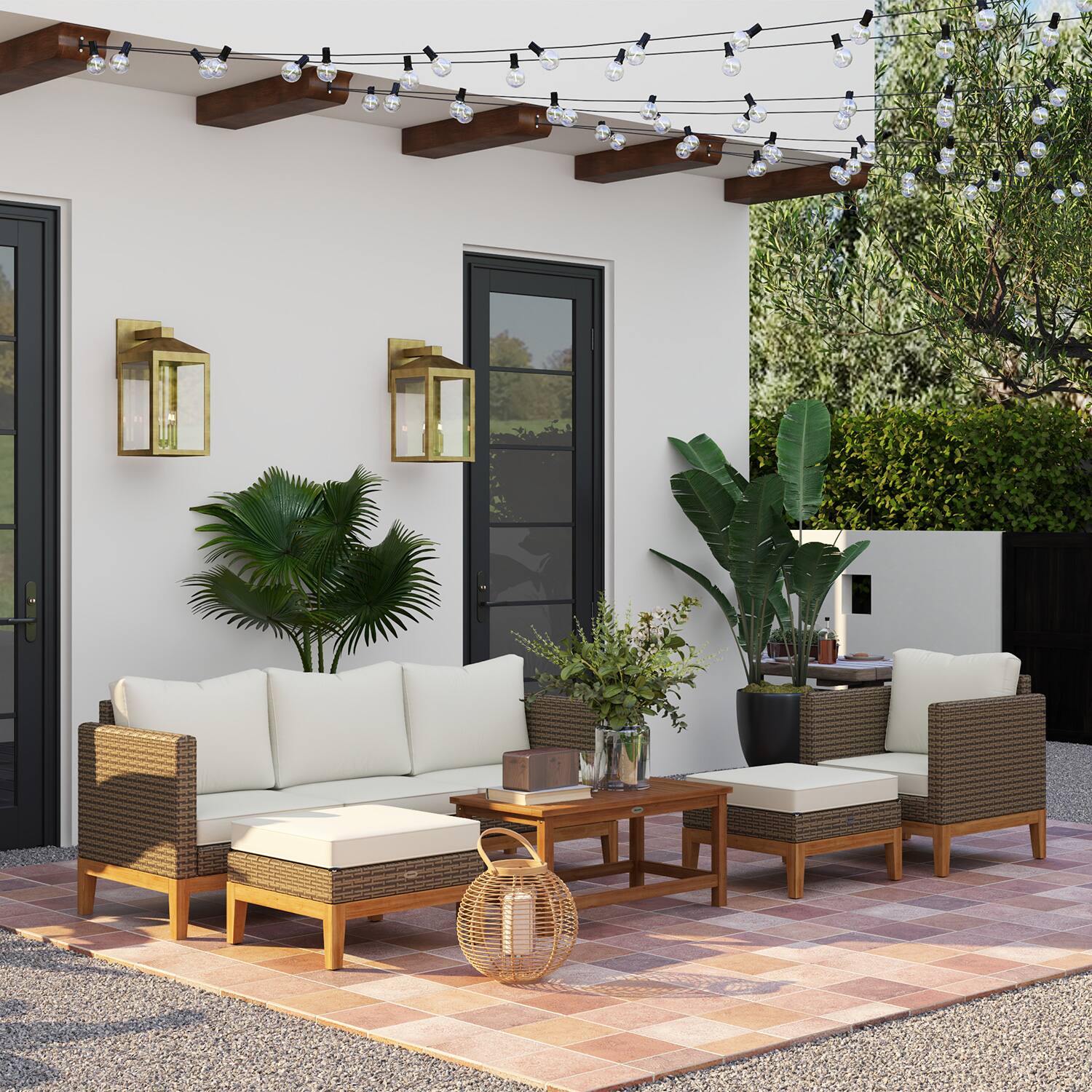 Alt View 1. Outsunny - Wooden Patio Furniture Set with Thick Padded Cushions, 5-Piece PE Rattan Sectional Sofa - Cream White.