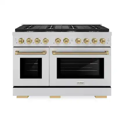 Front. ZLINE - 48 in. Wide 8 Burner Autograph 6.7 cu. ft. Freestanding Paramount Dual Fuel Range with Bronze Helix Handles - Stainless Steel.