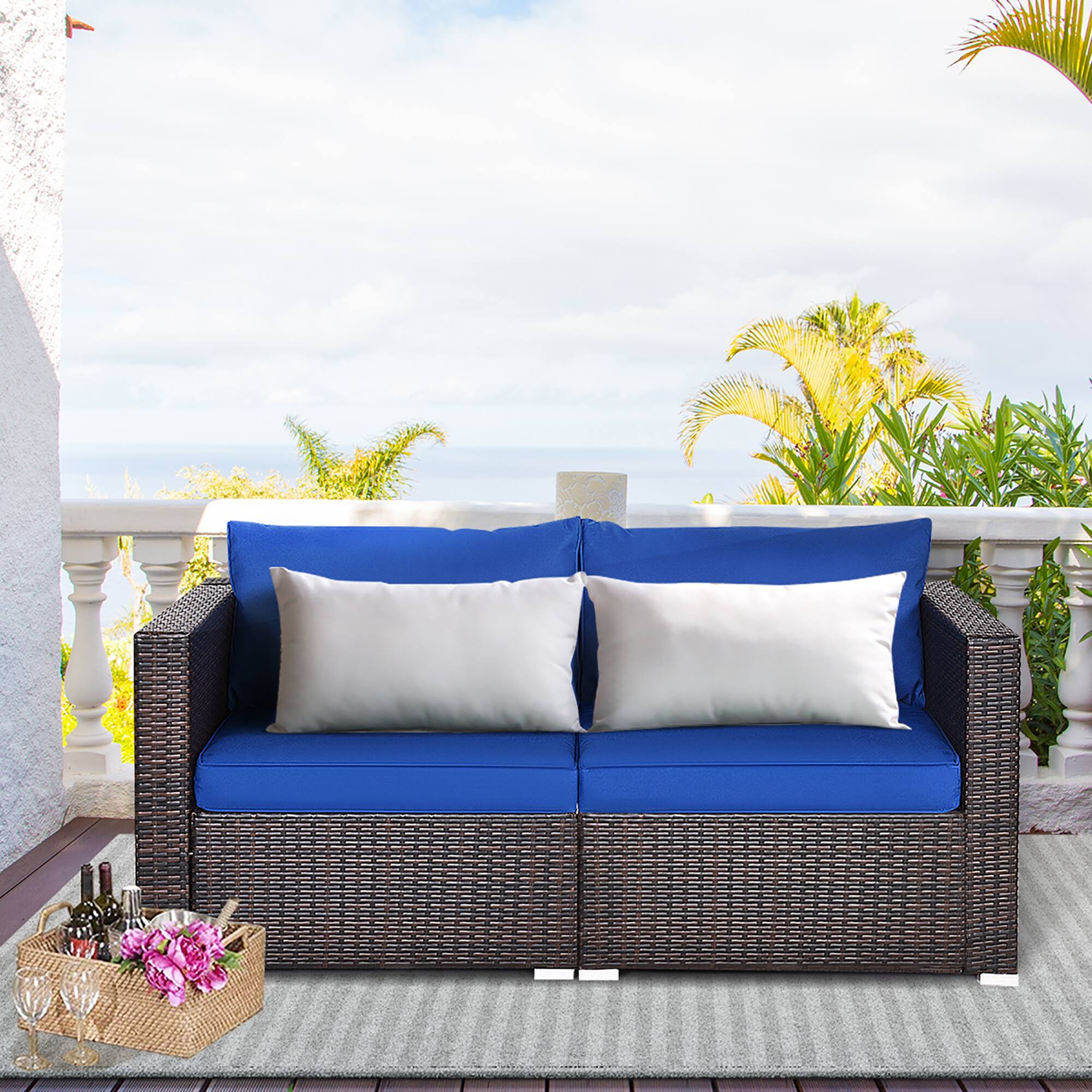 Alt View 2. Costway - Costway 2PCS Patio Rattan Corner Sofa Sectional Furniture Navy Cushion - blue & brown.