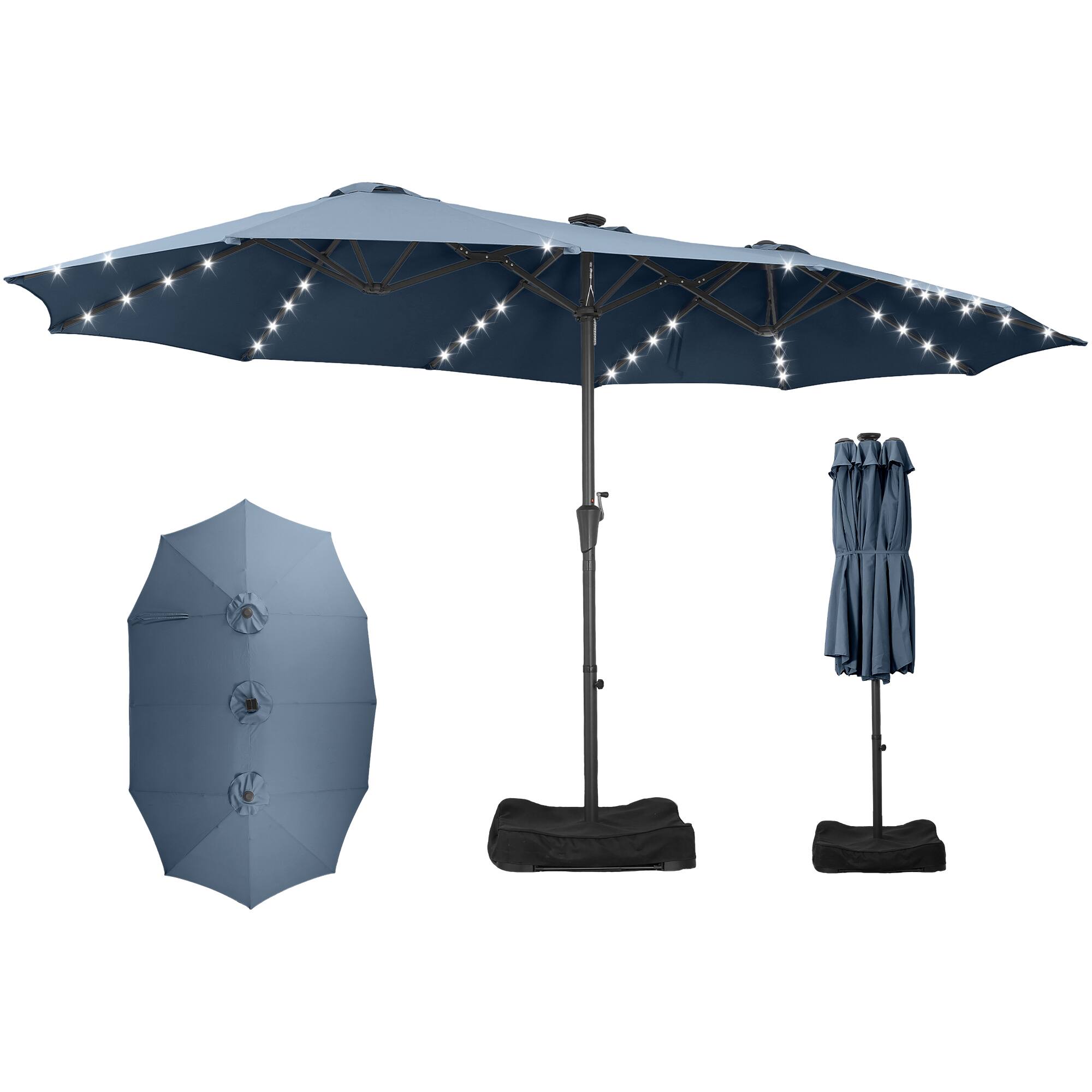 Ainfox - 15FT Double Sided Patio Umbrella Outdoor Large Umbrella for Deck Pool Shade with 48 Solar LED Lights & Base - Navy Blue