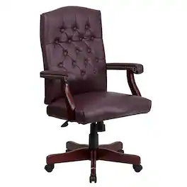 Emma + Oliver - Martha Washington Executive Swivel Office Chair with Arms - Burgundy LeatherSoft/Mahogany Frame