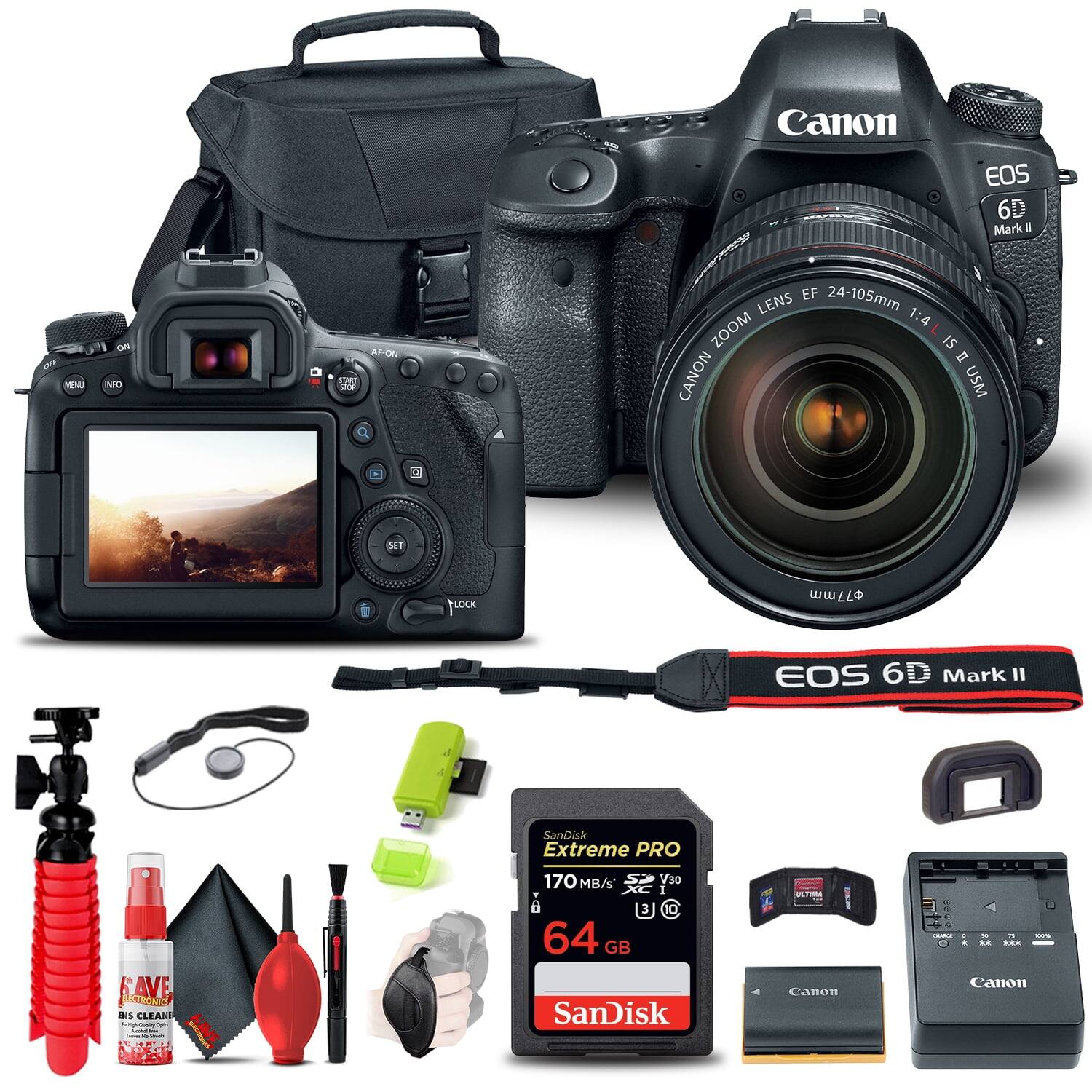 Canon EOS 6D Mark II  
EF 24-105mm f/4L IS USM Lens  
SanDisk Extreme PRO 64 GB 170 MB/s V30 SD Card  
Canon Battery Grip BG-E11  
Canon LP-E6N Battery  
Canon USB Charger  
Canon Lens Hood  
Canon Lens Cap  
Canon Lens Cleaning Kit  
Canon Camera Bag  
Canon Camera Strap  
Canon Camera Tripod Adapter  
Canon Camera Remote Control  
Canon Camera Cleaning Spray  
Canon Camera Lens Cleaning Cloth  
Canon Camera Lens Cleaning Brush