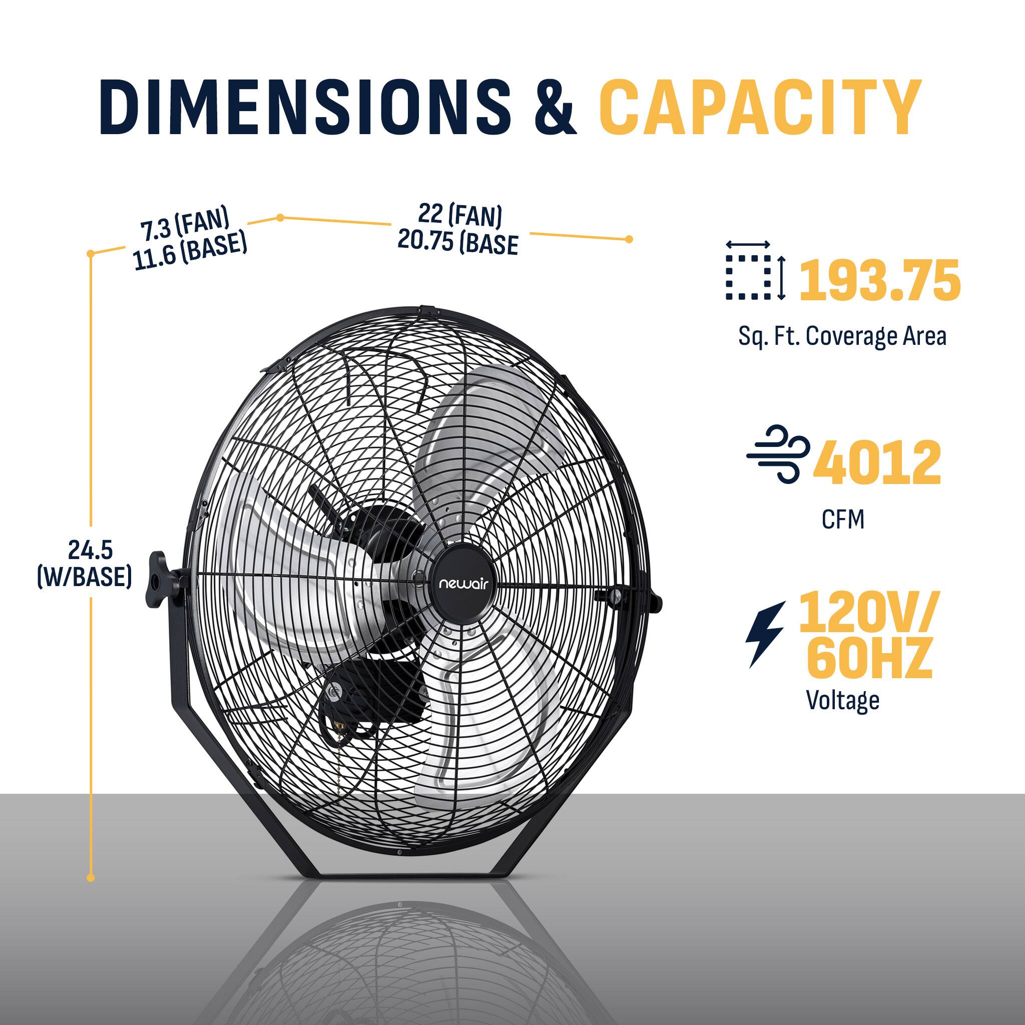 DIMENSIONS & CAPACITY

7.3 (FAN) 11.6 (BASE)
22 (FAN) 20.75 (BASE)
193.75 Sq. Ft. Coverage Area
24.5 (W/BASE)

newair
4012 CFM 120V/ 60HZ Voltage