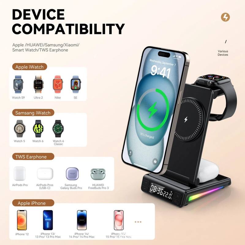 **DEVICE COMPATIBILITY**

Apple / HUAWEI / Samsung / Xiaomi / Smart Watch / TWS Earphone

**Apple iWatch**
- Watch S9
- Ultra 2
- Nike
- SE

**Samsung iWatch**
- Watch 5
- Watch 6
- Watch 6 Classic

**TWS Earphone**
- AirPods Pro
- AirPods Pros (USB-C)
- Samsung Galaxy Buds Pro
- HUAWEI FreeBuds Pro 3

**Apple iPhone**
- iPhone 12
- iPhone 13/ 13 Pro/ 13 Pro Max
- iPhone 14/ 14 Pro/ 14 Pro Max
- iPhone 15/ 15 Pro/ 15 Pro Max

**Various Devices**