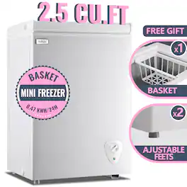 WANAI - Mini Compact Chest Freezer 2.5 Cu.Ft for Dorm Home, Free-Standing Top Door Freezer with Removable Storage Basket - White