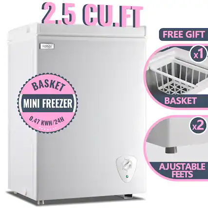 2.5 CU.FT
FREE GIFT
Hanar x1
BASKET MINI FREEZER 0.47 KWH/24H
BASKET x2
AJUSTABLE FEETS