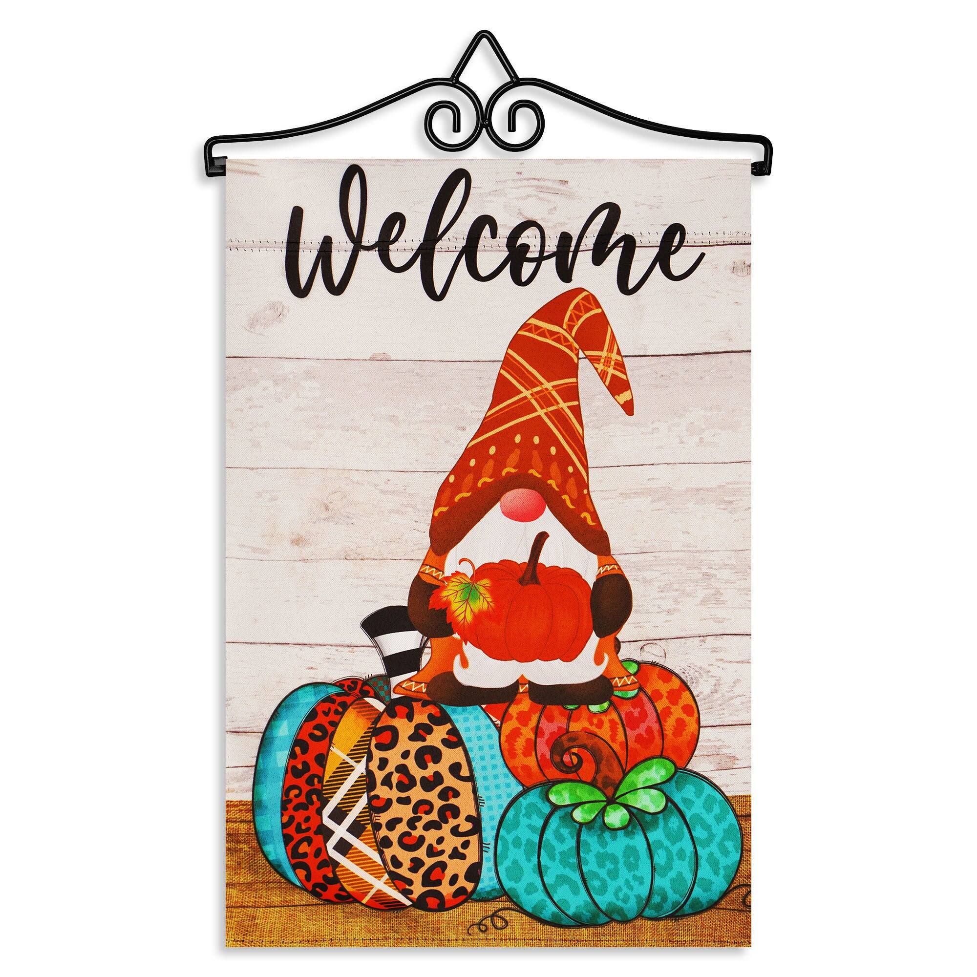 Front. G128 - Combo Garden Flag Hanger 14 in with 12x18 Double-Sided Blockout Flag — Welcome Gnome on Pumpkins. - Multicolor.