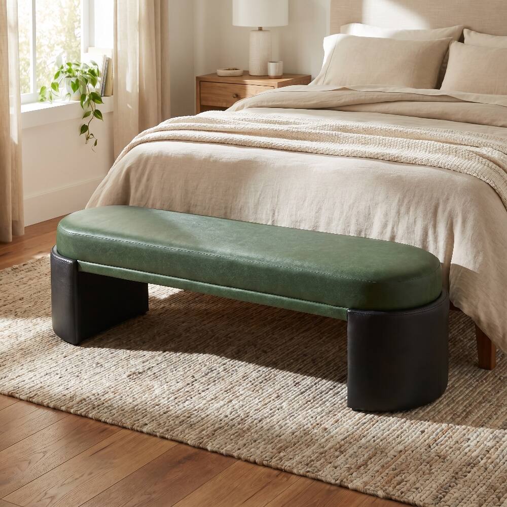 Front. Ropilly - Ropilly Green PU Dining Bench Two-Tone Upholstered Modern Accent Bench 62 Inch - Green & Black.