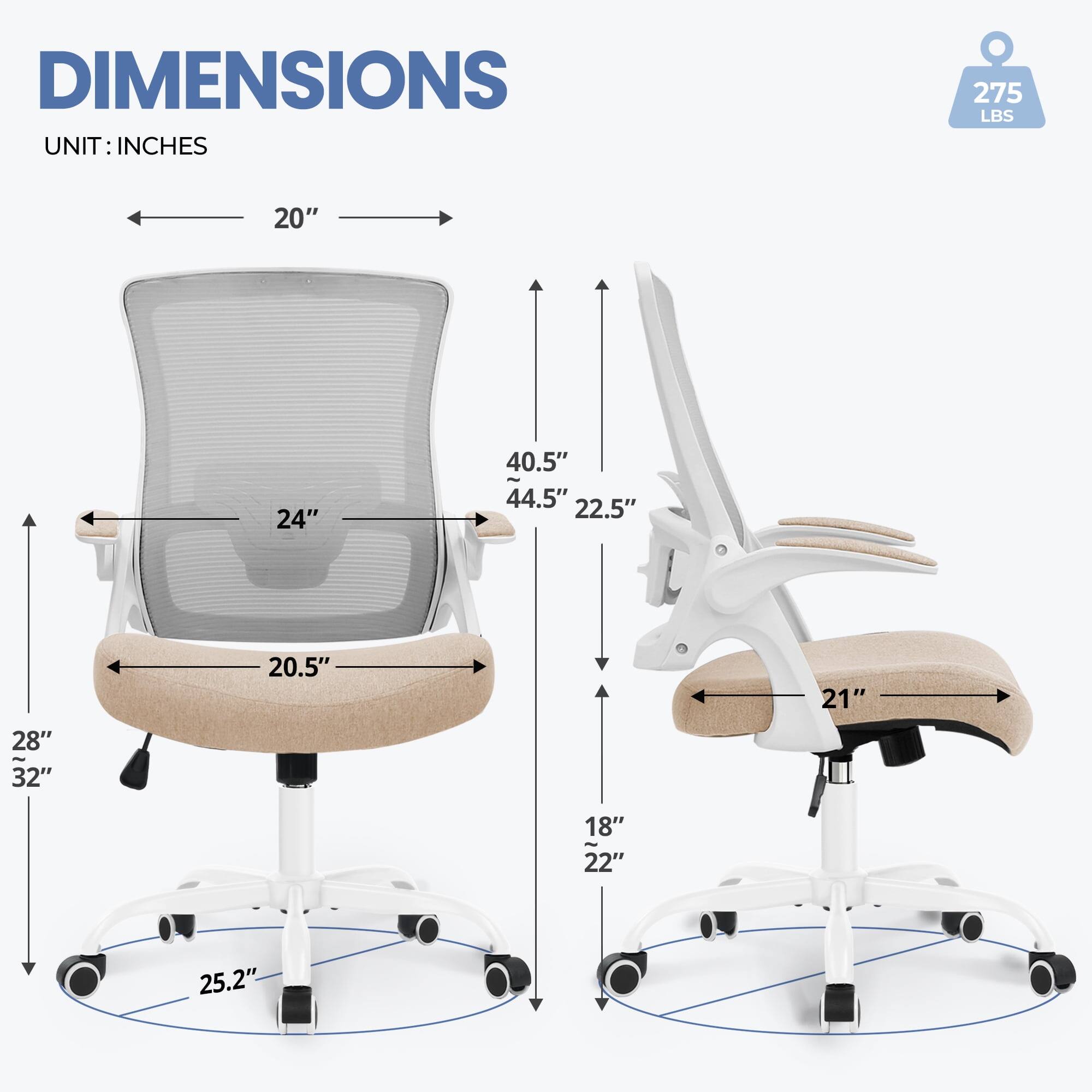 DIMENSIONS  
UNIT: INCHES  

- Width: 20"  
- Depth: 24"  
- Height: 40.5" - 44.5"  
- Seat Height: 22.5"  
- Seat Depth: 20.5"  
- Armrest Height: 28" - 32"  
- Base Diameter: 25.2"  
- Back Height: 21"  
- Seat Width: 18" - 22"  

Weight Capacity: 275 LBS