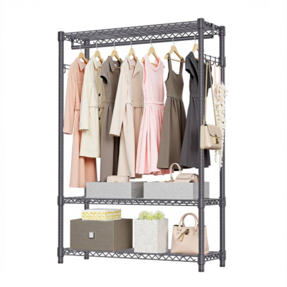 Alt View 2. LUCKY ONE - 72.4" H Heavy Duty Garment Rack w/ 1 Rod 3 Tiers Side Hooks Adjustable - Grey.