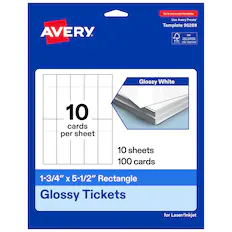Go to avery.com/templates
Use Avery Presta Template 95288
MX
FSC: FSC®C007276
Glossy White
10 cards per sheet
10 sheets
100 cards
1-3/4" x 5-1/2" Rectangle
Glossy Tickets for Laser/Inkjet