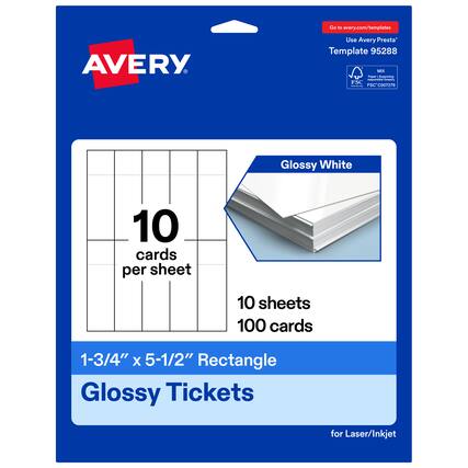 Go to avery.com/templates
Use Avery Presta Template 95288
MX
FSC: FSC®C007276
Glossy White
10 cards per sheet
10 sheets
100 cards
1-3/4" x 5-1/2" Rectangle
Glossy Tickets for Laser/Inkjet
