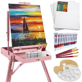 Best Choice Products - Art Easel for Painting, Portable Adjustable Tripod with 32-Piece Art Set - Pink