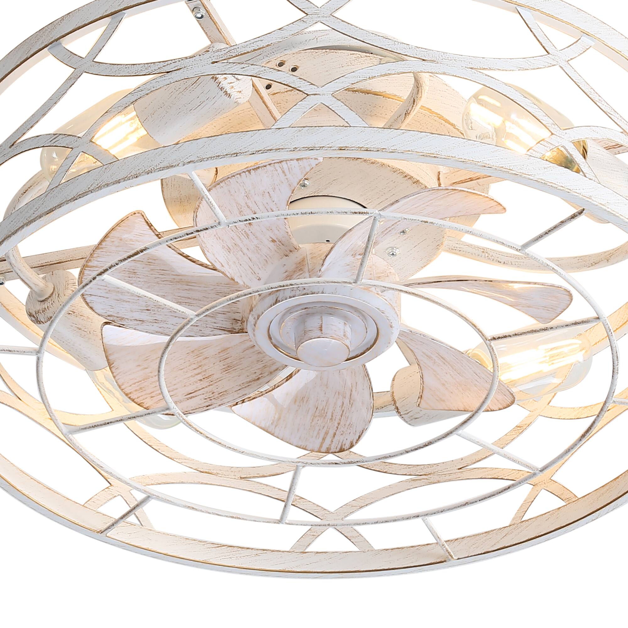 Alt View 9. Breezary - 18-Inch Flush Mount Caged Ceiling Fan with 7 ABS Blades, DC Motor, 6-Speed Remote Control, Memory Function - Distressed White and Gold.