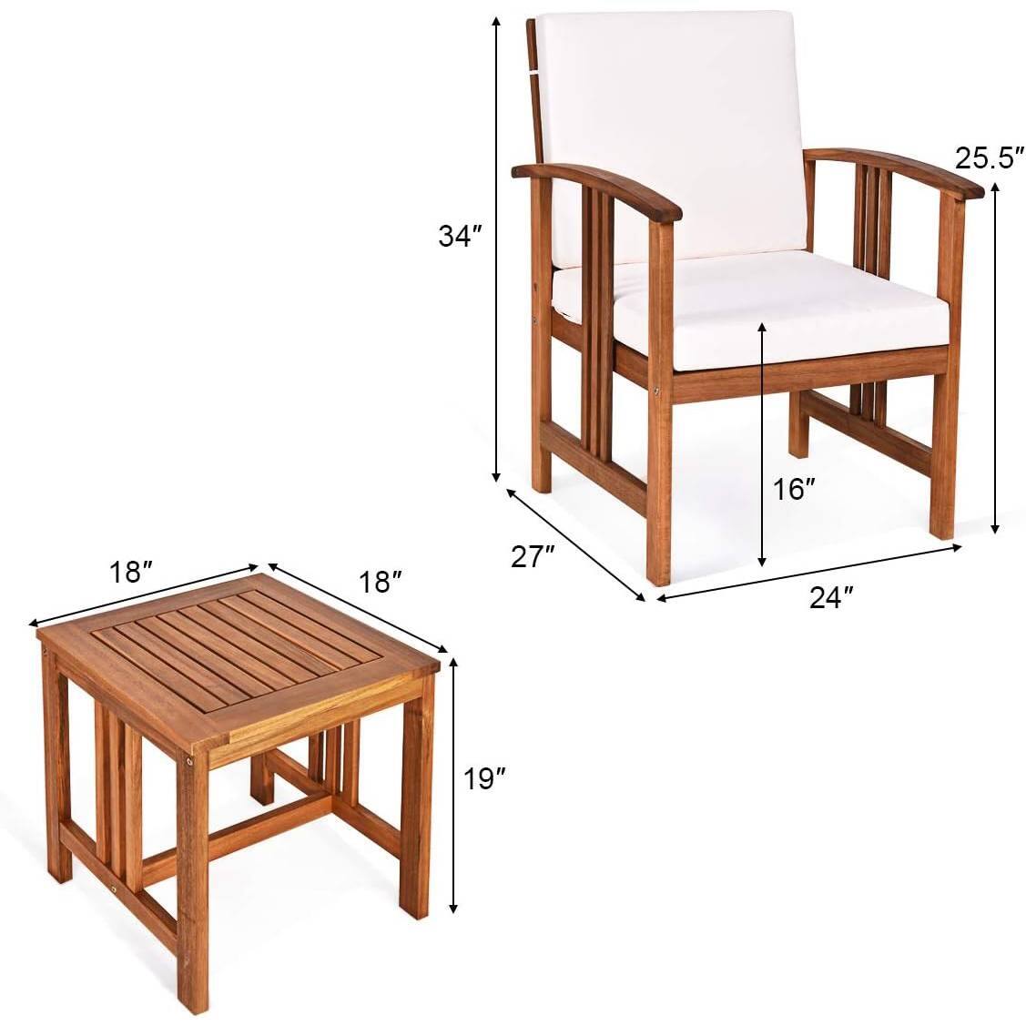 - Chair:
  - Height: 34"
  - Seat Height: 16"
  - Seat Depth: 27"
  - Armrest Height: 25.5"
  - Width: 24"

- Table:
  - Width: 18"
  - Depth: 18"
  - Height: 19"