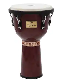 Tycoon Percussion - 12" Djembe, 22" Aged Siam Oak Shell, Goat Skin Head, Black Powder-Coated Deluxe Hoops, 5/16" Tuning Lugs with Wrench