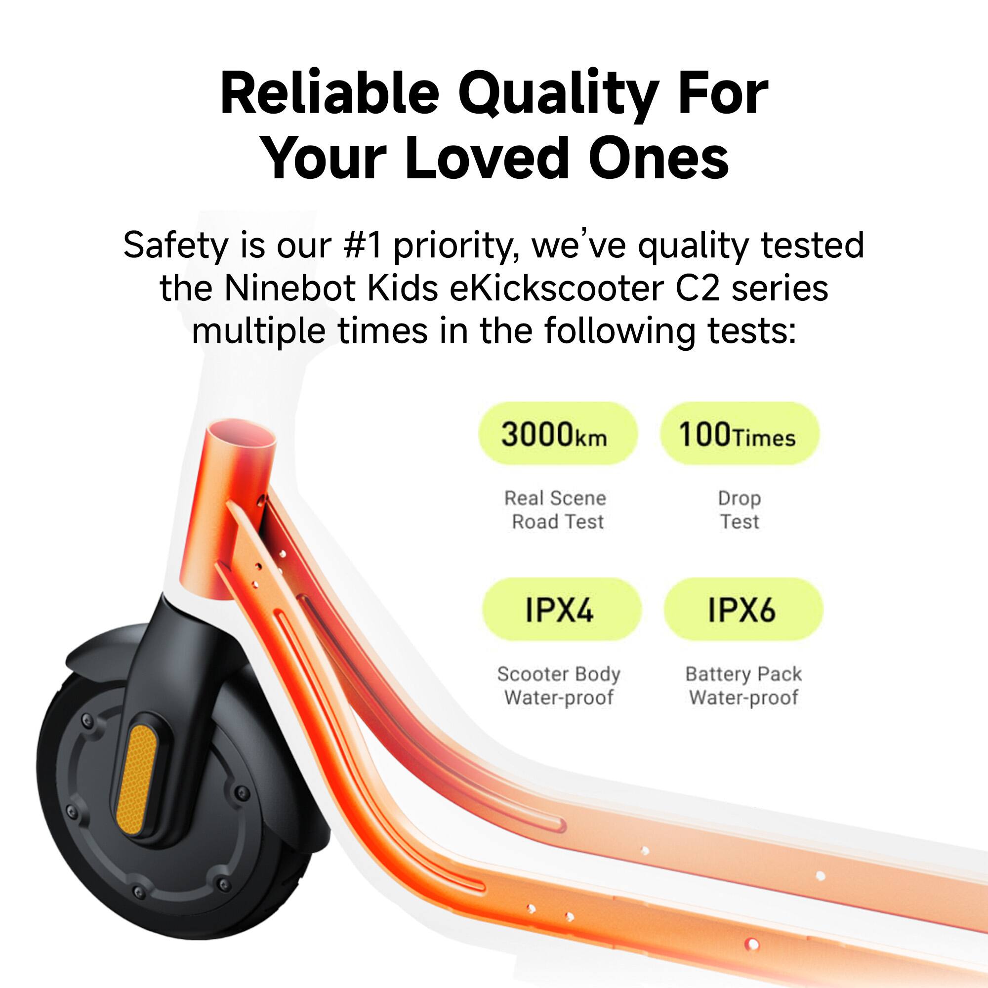 Reliable Quality For Your Loved Ones

Safety is our #1 priority, we've quality tested the Ninebot Kids eKickScooter C2 series multiple times in the following tests:

- 3000km Real Scene Road Test
- 100Times Drop Test
- IPX4 Scooter Body Water-proof
- IPX6 Battery Pack Water-proof