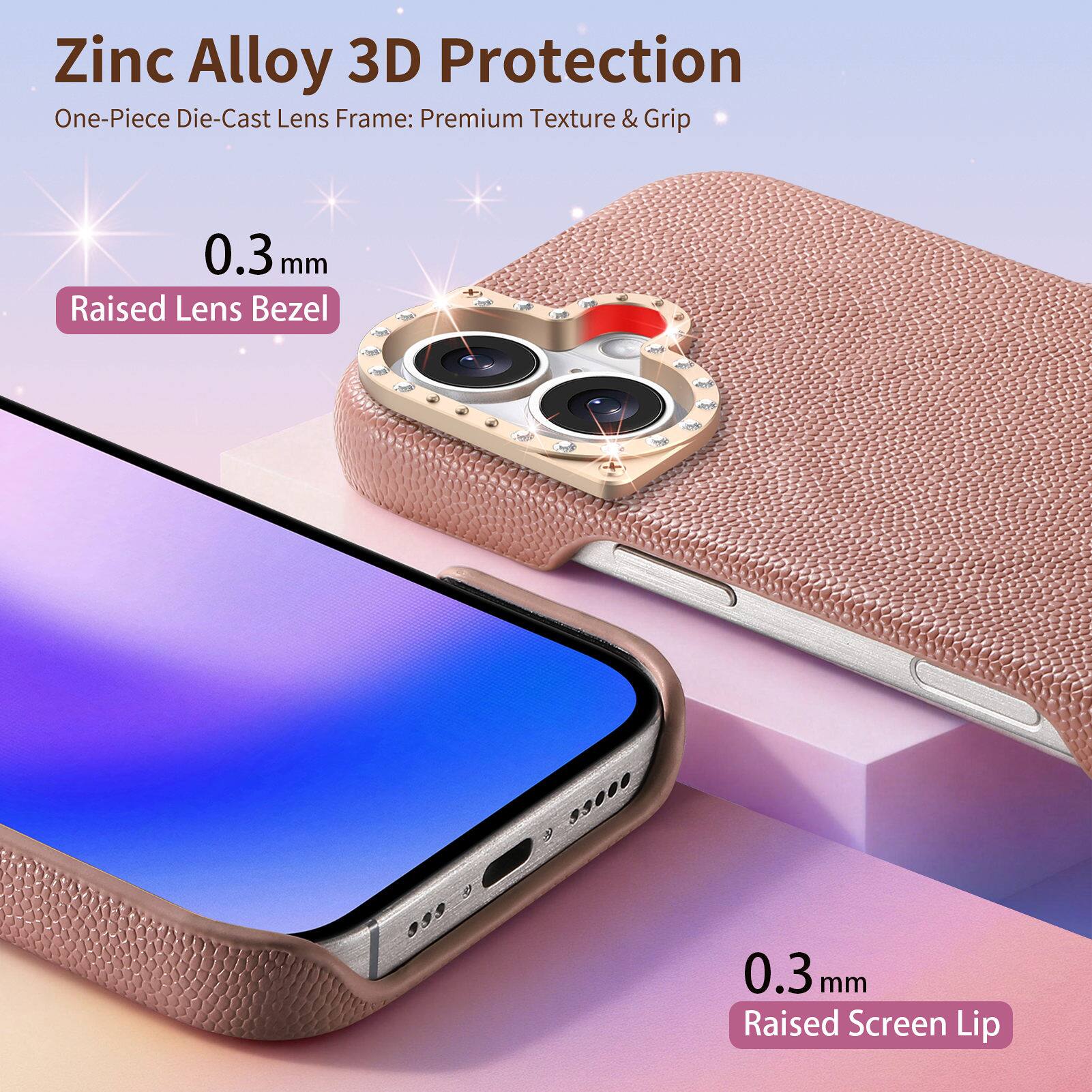 Zinc Alloy 3D Protection  
One-Piece Die-Cast Lens Frame: Premium Texture & Grip  
0.3 mm Raised Lens Bezel  
0.3 mm Raised Screen Lip