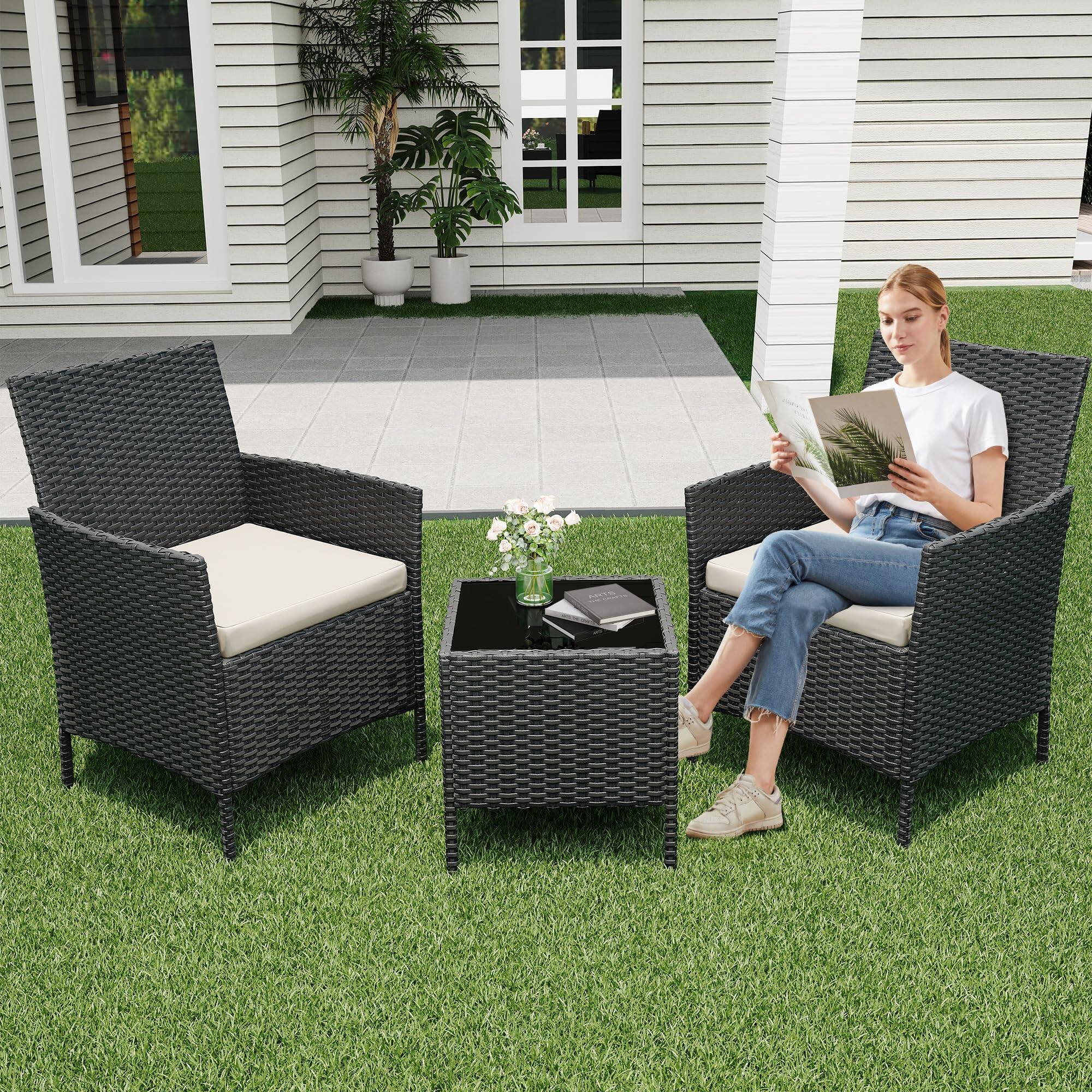 Left. Homhougo - 3 Pieces Outdoor Patio Furniture Sets, Rattan Patio Table and Chairs Set Black and Beige - Black.