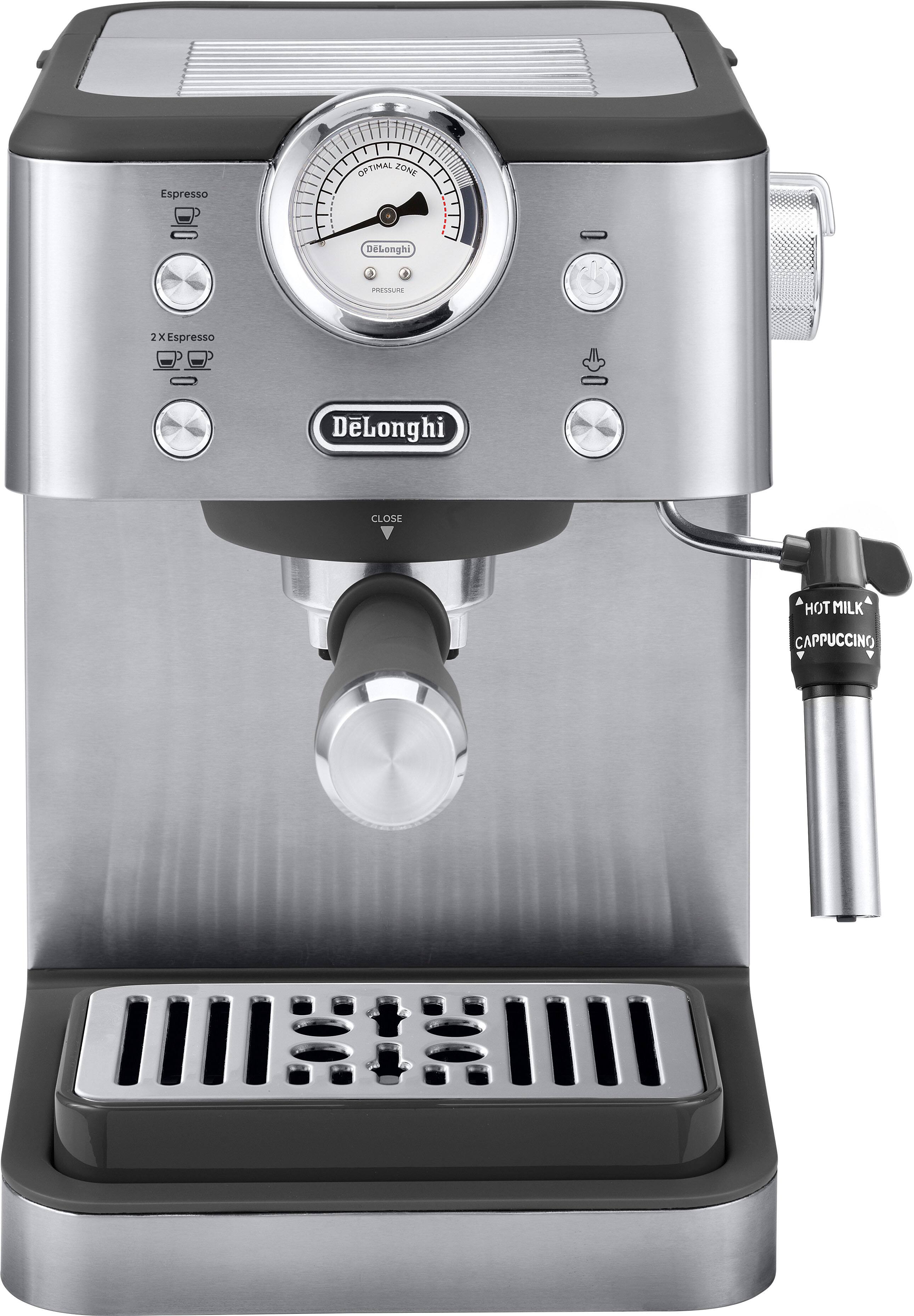 The image features a DeLonghi espresso machine with a timer and pressure gauge. The espresso machine is designed to provide optimal espresso in the optimal zone, ensuring a perfect cup of coffee. The timer and pressure gauge help maintain the ideal conditions for brewing, resulting in a delicious cup of coffee.