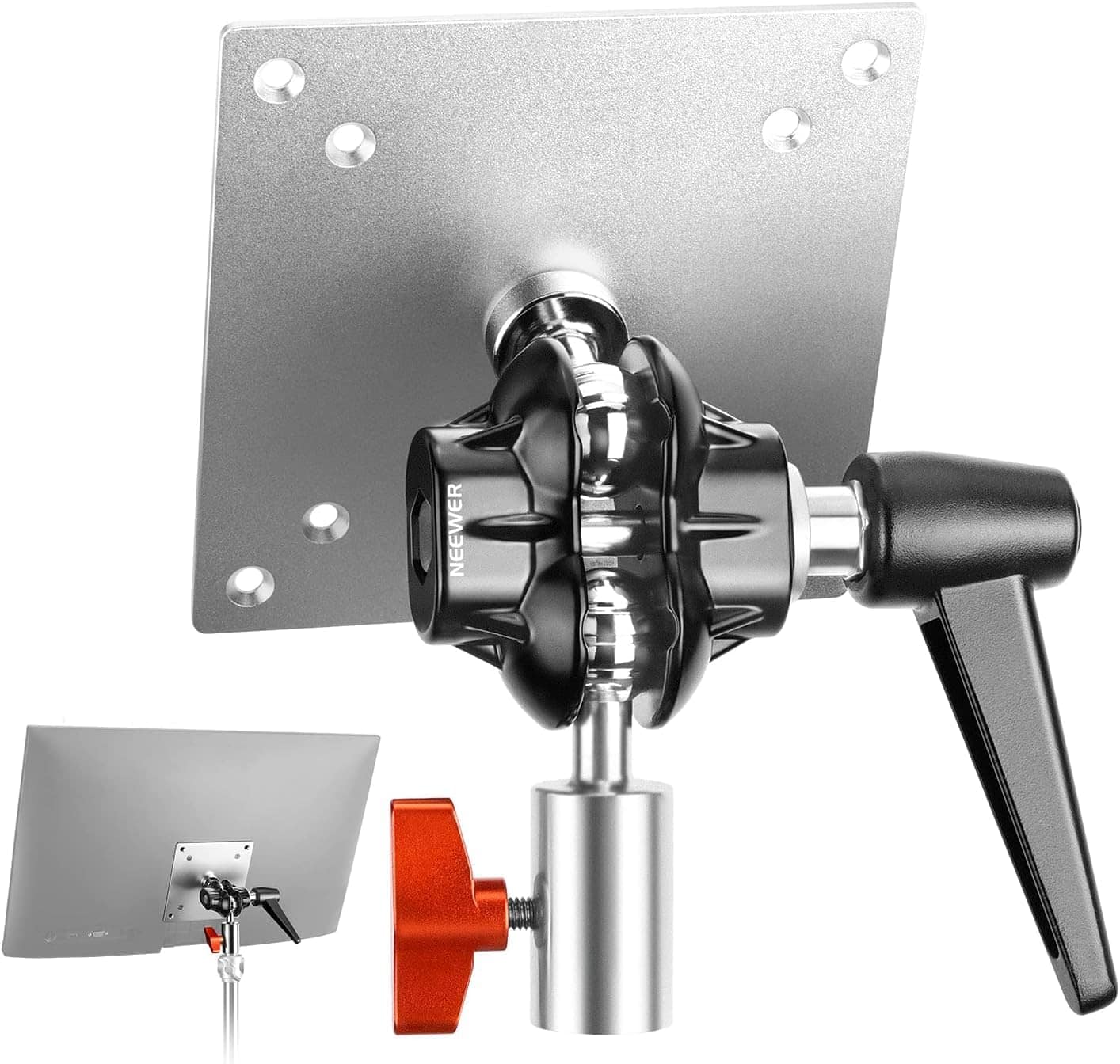 Neewer - VESA Monitor Mount Adapter for Light Stand - Dual 360° Ball Joints with 5/8" Receiver (14lb) - Silver