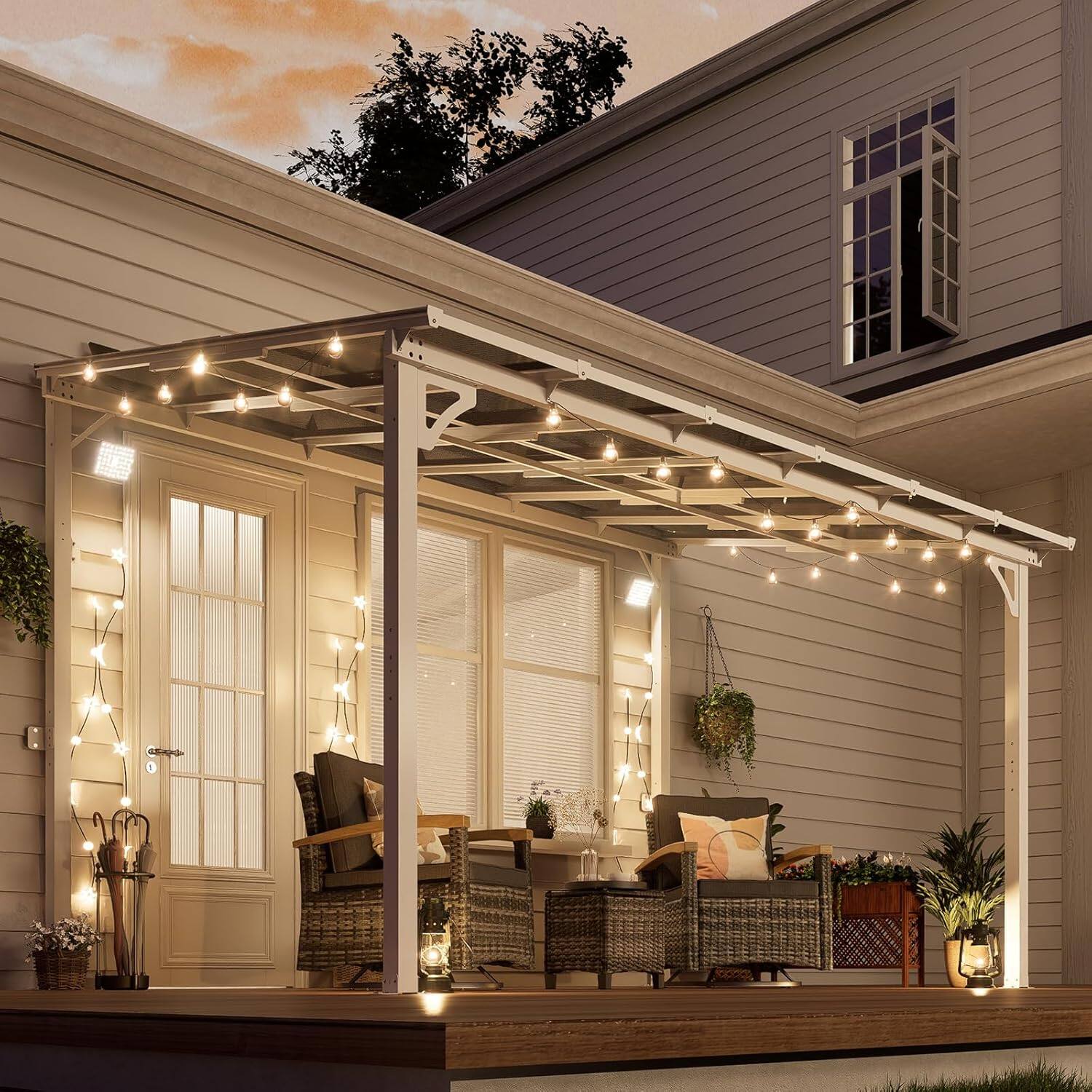 Angle. Yardgrace - 8'x 12' Outdoor Wall Mounted Lean-to Gazebo, Heavy Duty Sloped Roof Metal Awning for Patio, Decks & Backyard - White.